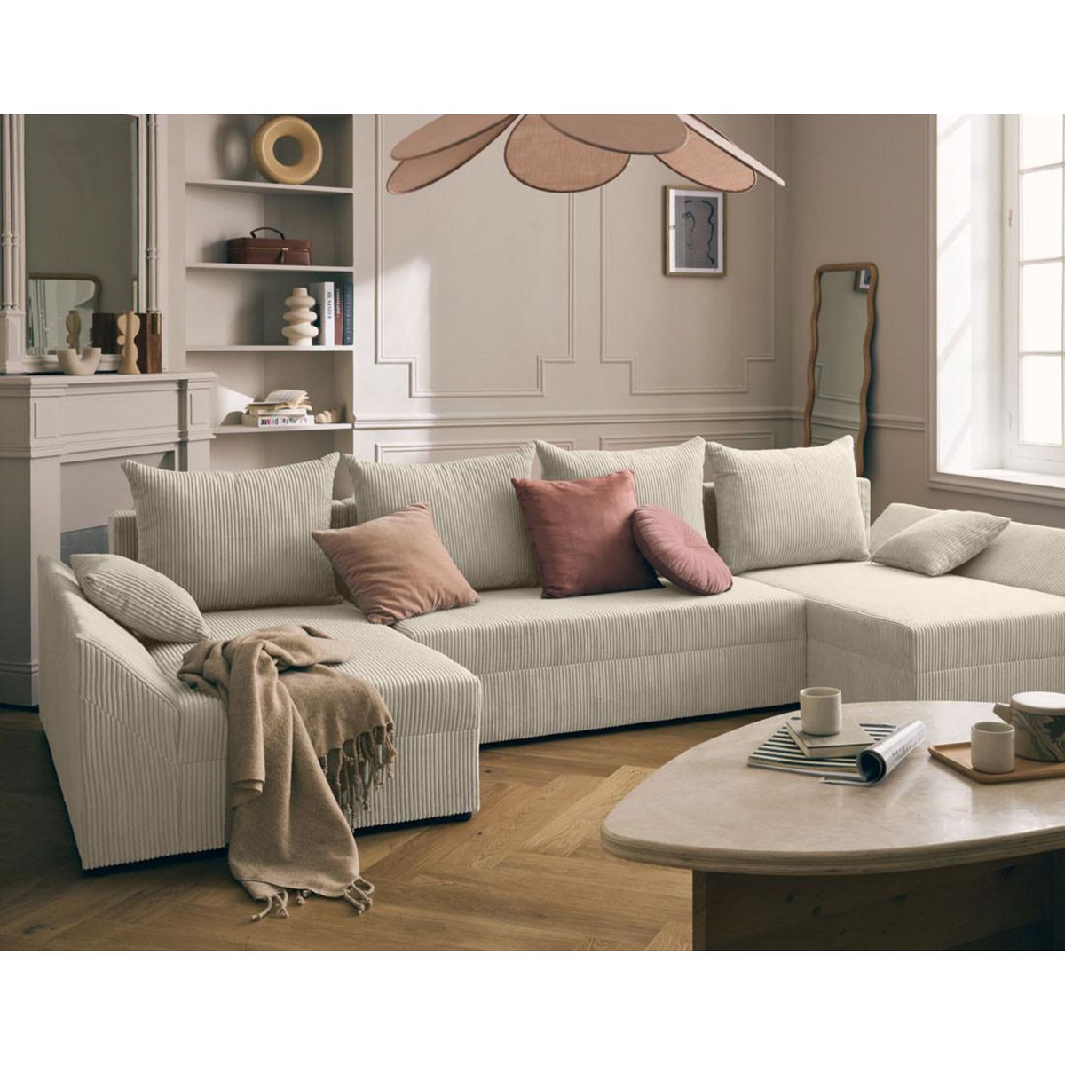 BEST MOBILIER Mike - canapé panoramique en u - 7 places - convertible avec coffre - en velours côtelé