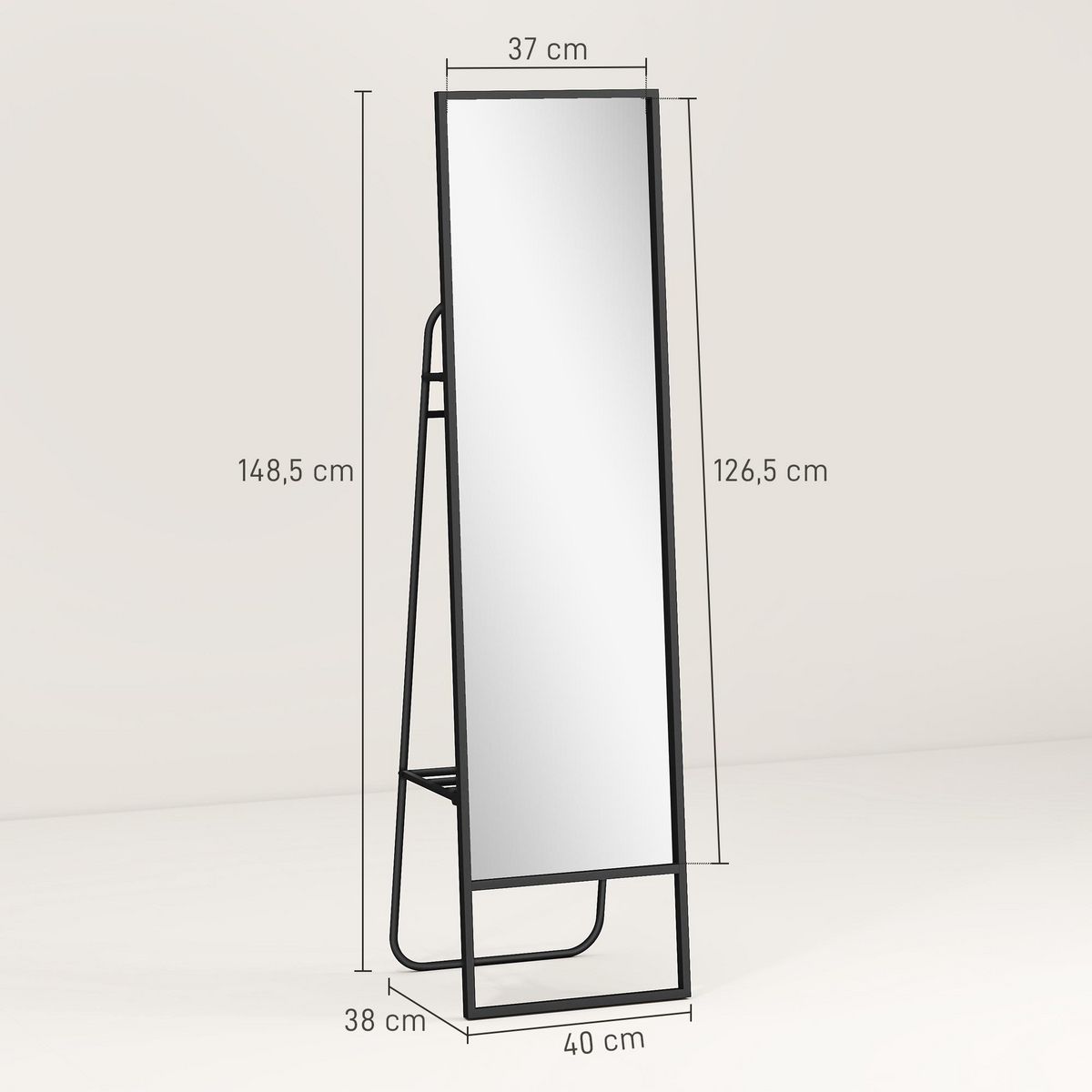 HOMCOM Miroir sur pied avec rangements grande taille dim. 148,5 x 40 cm métal noir