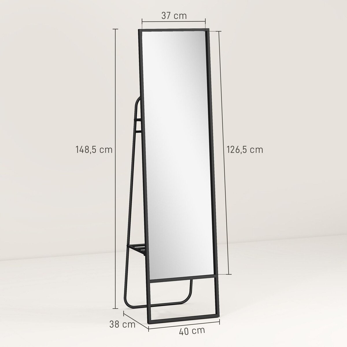 HOMCOM Miroir sur pied avec rangements grande taille dim. 148,5 x 40 cm métal noir