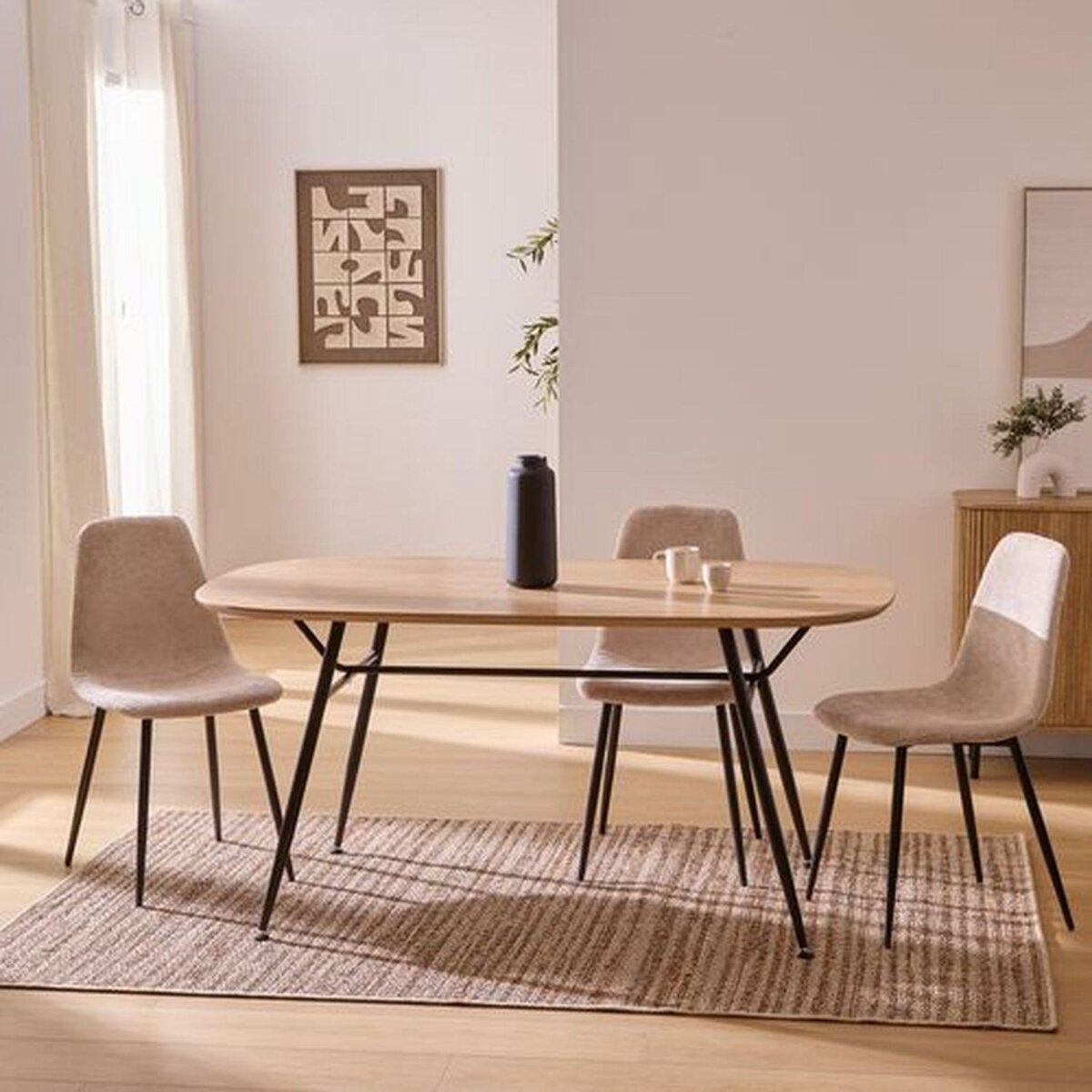 ATMOSPHERA Table à manger en bois et métal 6 personnes ROXAS - Beige et noir
