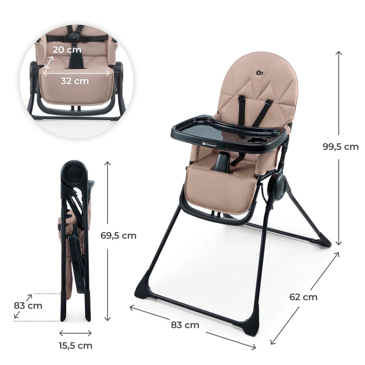 KINDERKRAFT Chaise haute evolutive bebe dossier inclinable et harnais