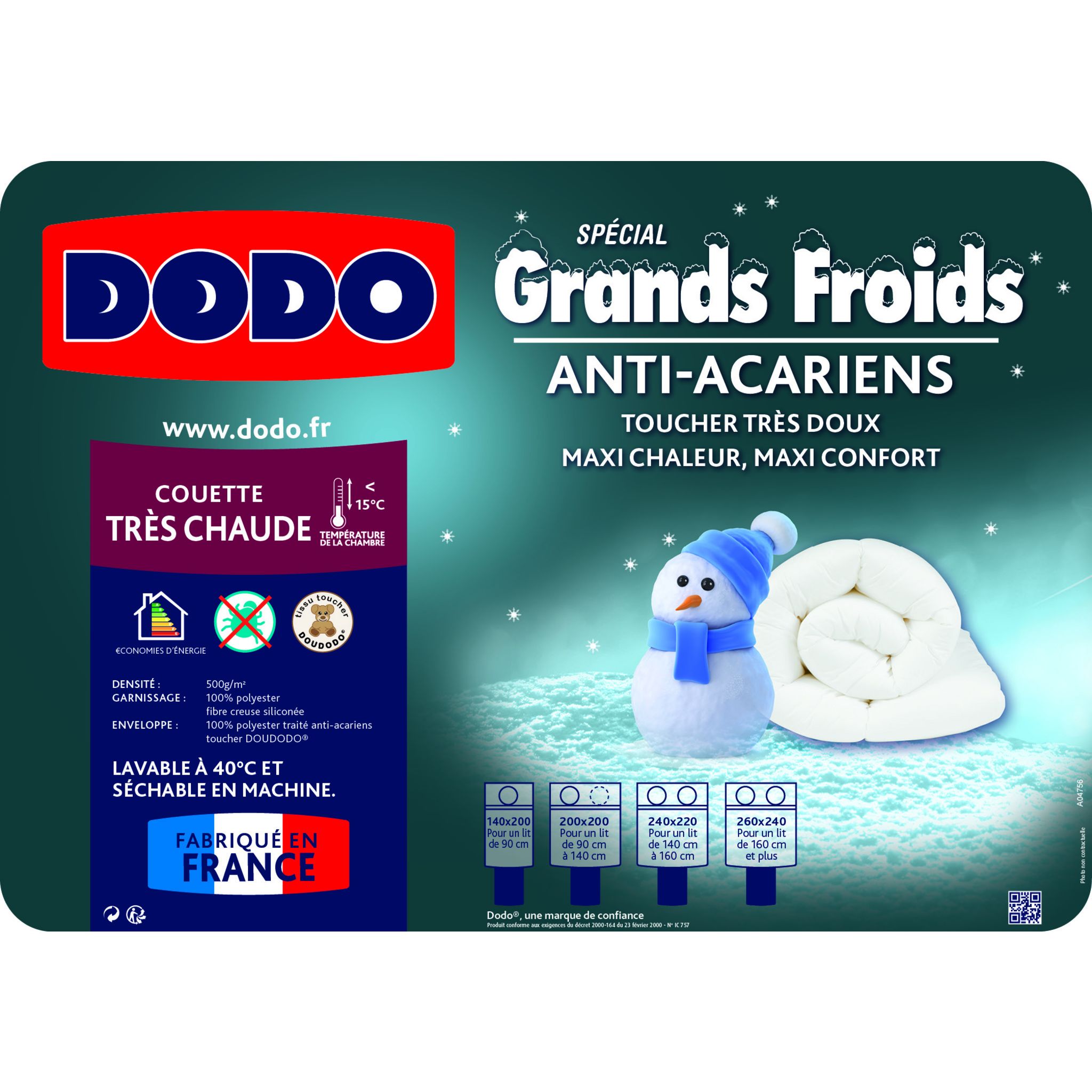 DODO Couette très chaude anti acariens 500 g/m² GRANDS FROIDS