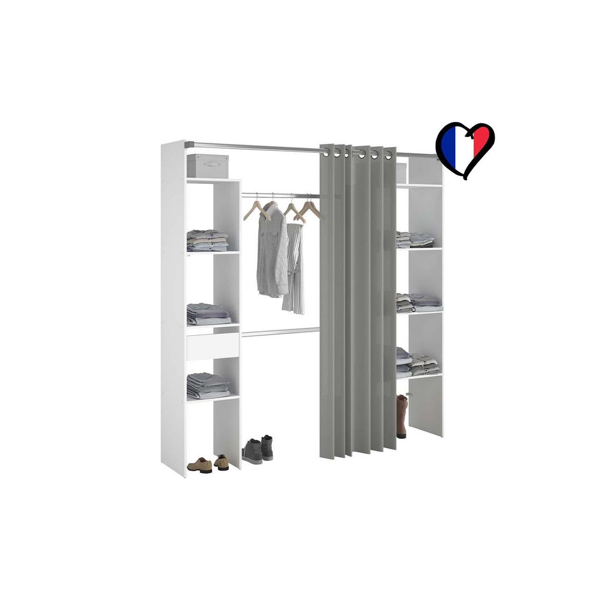 CONCEPT USINE Dressing blanc avec rideau gris 2 penderies, 6 étagères un tiroir ELYSEE