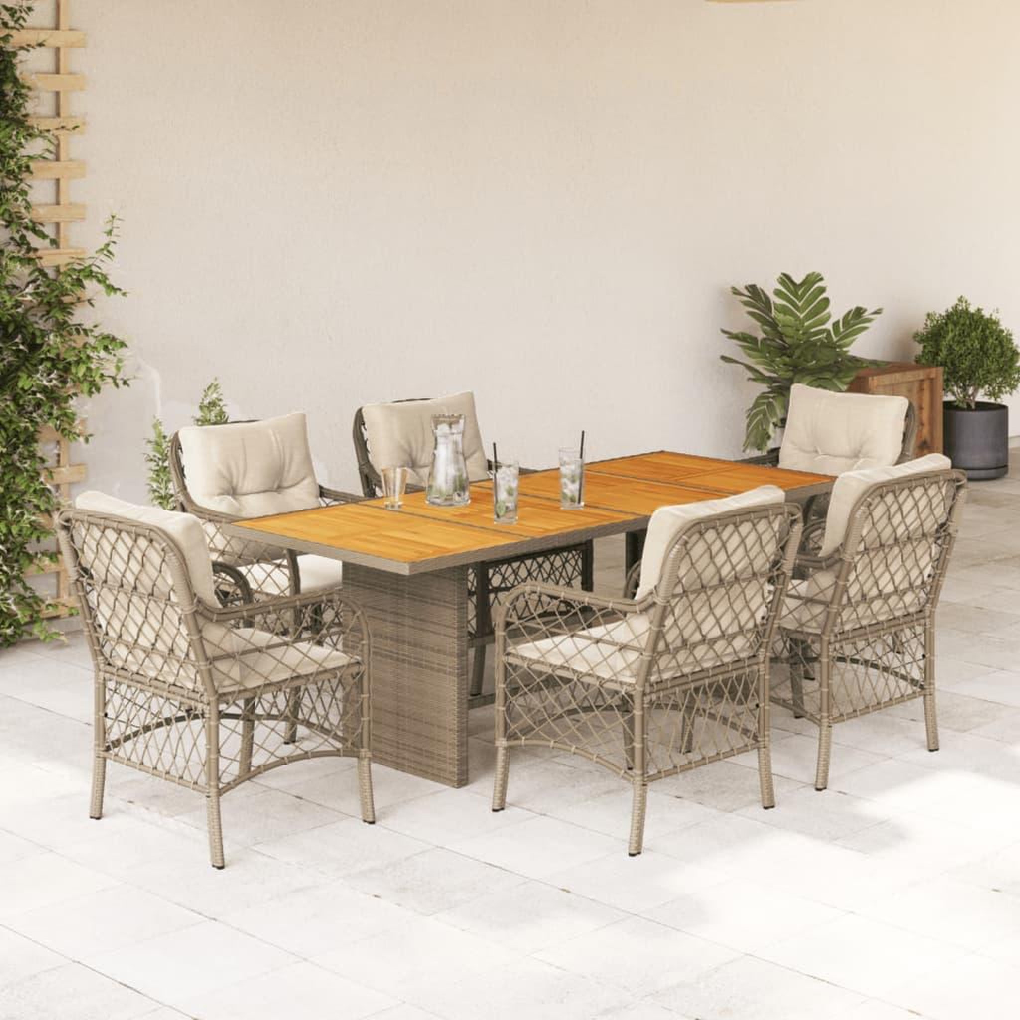 VIDAXL Ensemble a manger de jardin et coussins 7 pcs beige poly rotin
