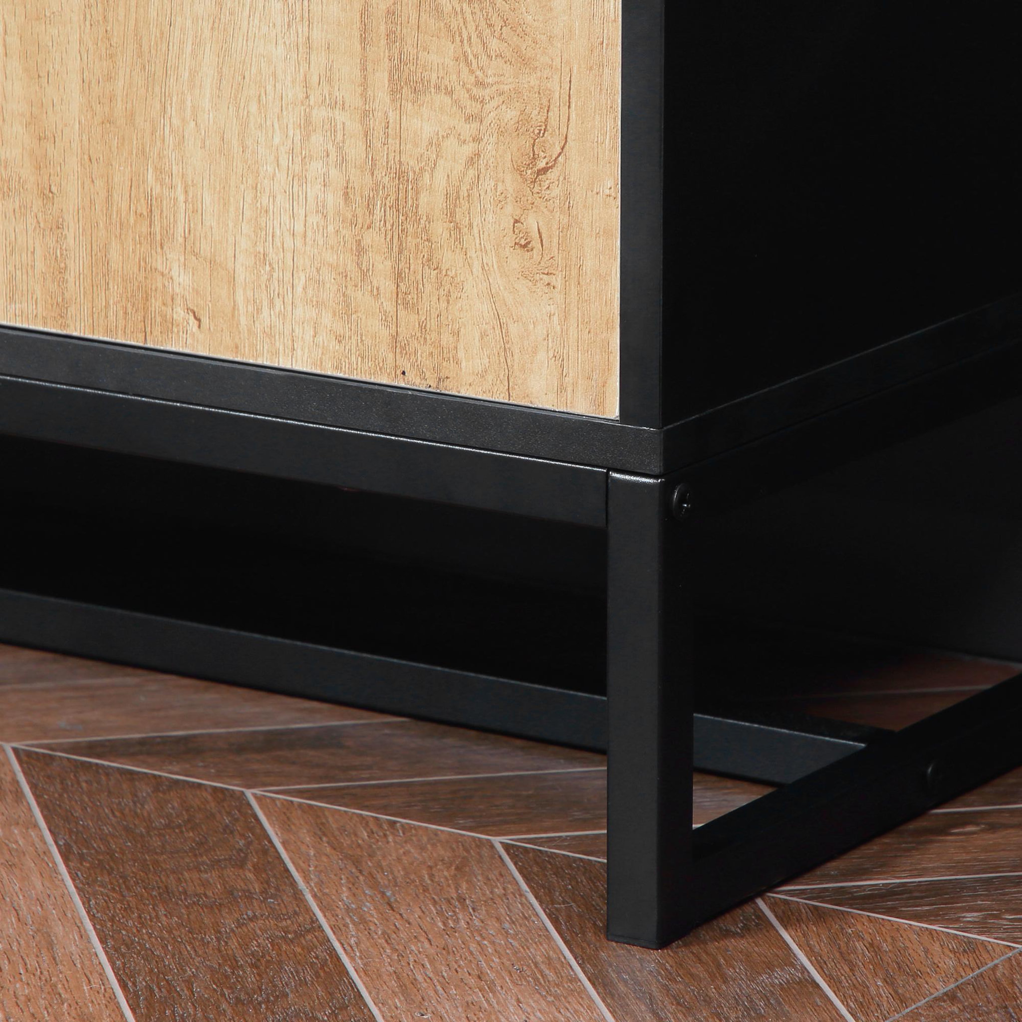 Voir la diapositive 5 : HOMCOM Buffet haut multi-rangement une porte 3 étagères 2 tiroirs 2 niches piètement acier noir aspect chêne clair