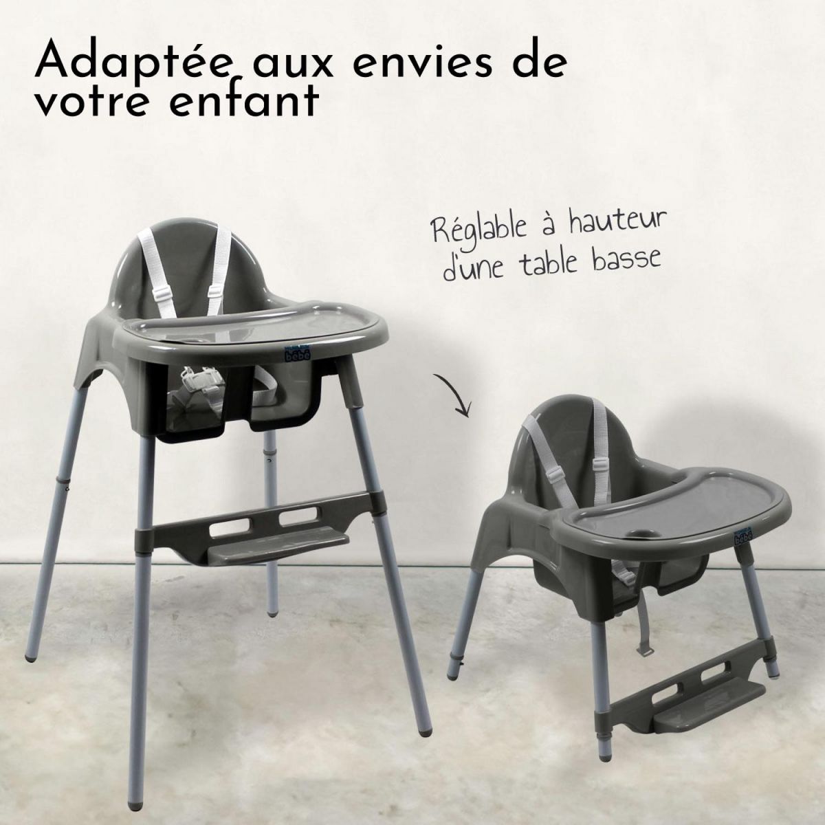 Monsieur Bébé Chaise haute bébé réglable hauteur et tablette