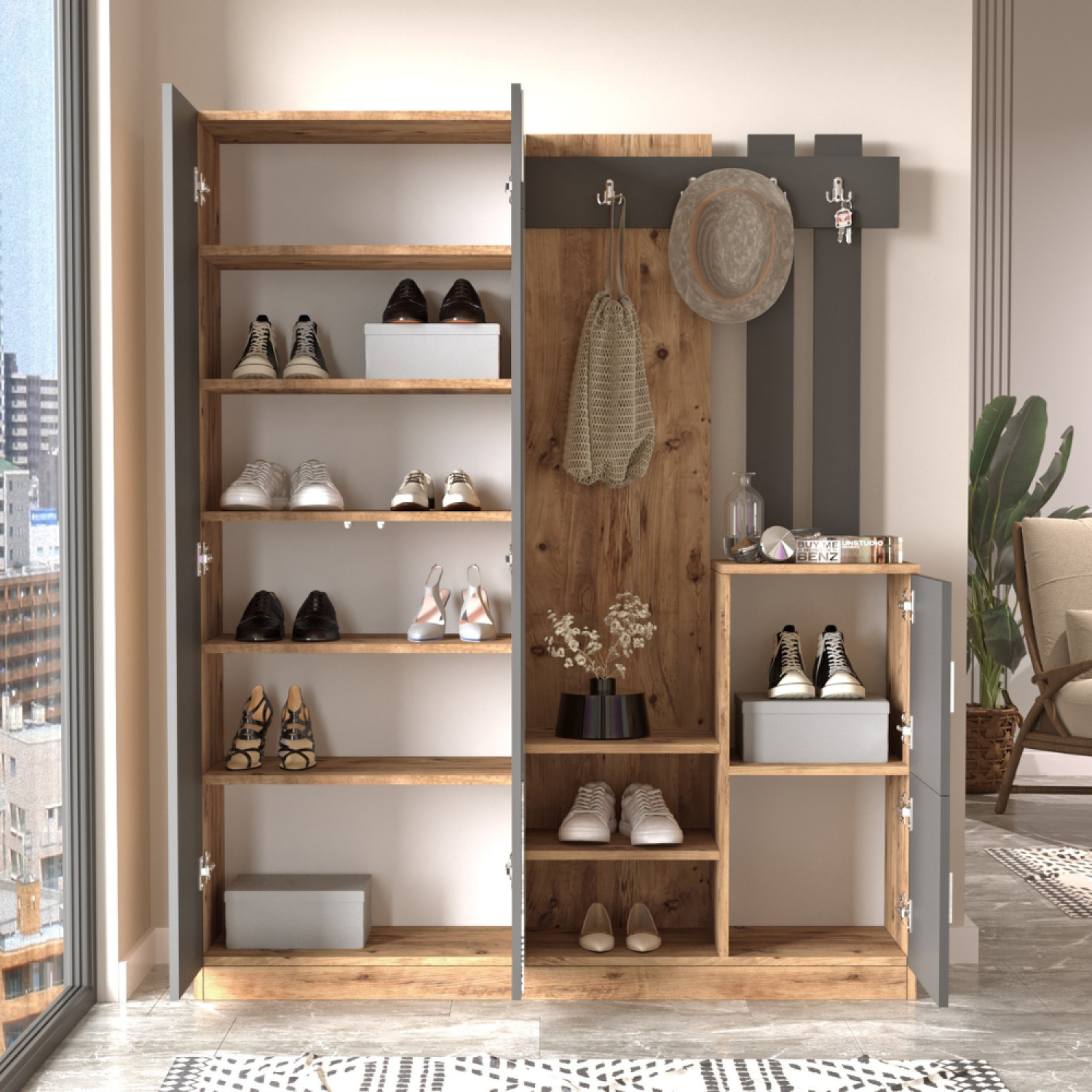 Voir la diapositive 5 : CONCEPT USINE Meuble d'entrée design bois et gris avec miroir ANKA