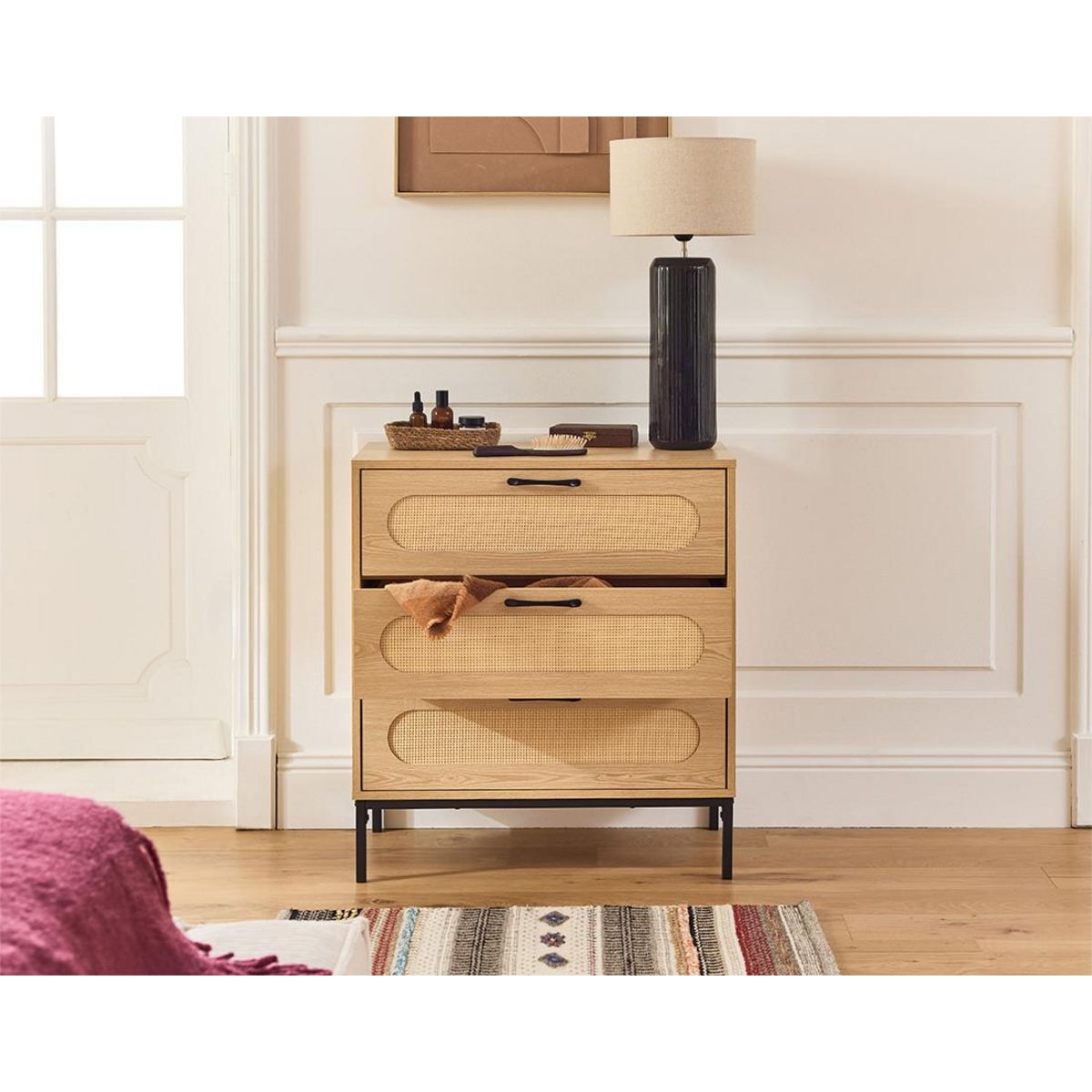 BEST MOBILIER Nagato - commode - cannage et effet bois - 70 cm