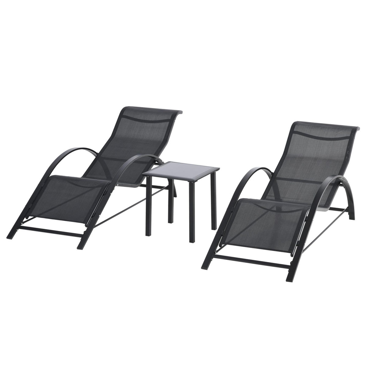 OUTSUNNY Lot de 2 bains de soleil design contemporain table basse plateau verre trempé métal époxy textilène noir