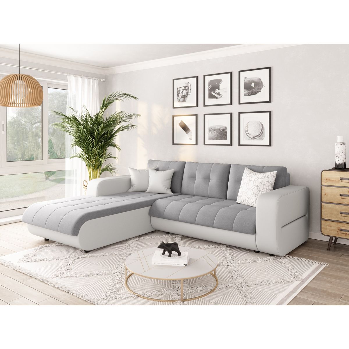 Canapé d'angle gauche convertible CLELIA, 4 places, tissu microfibre gris PU blanc ou noir