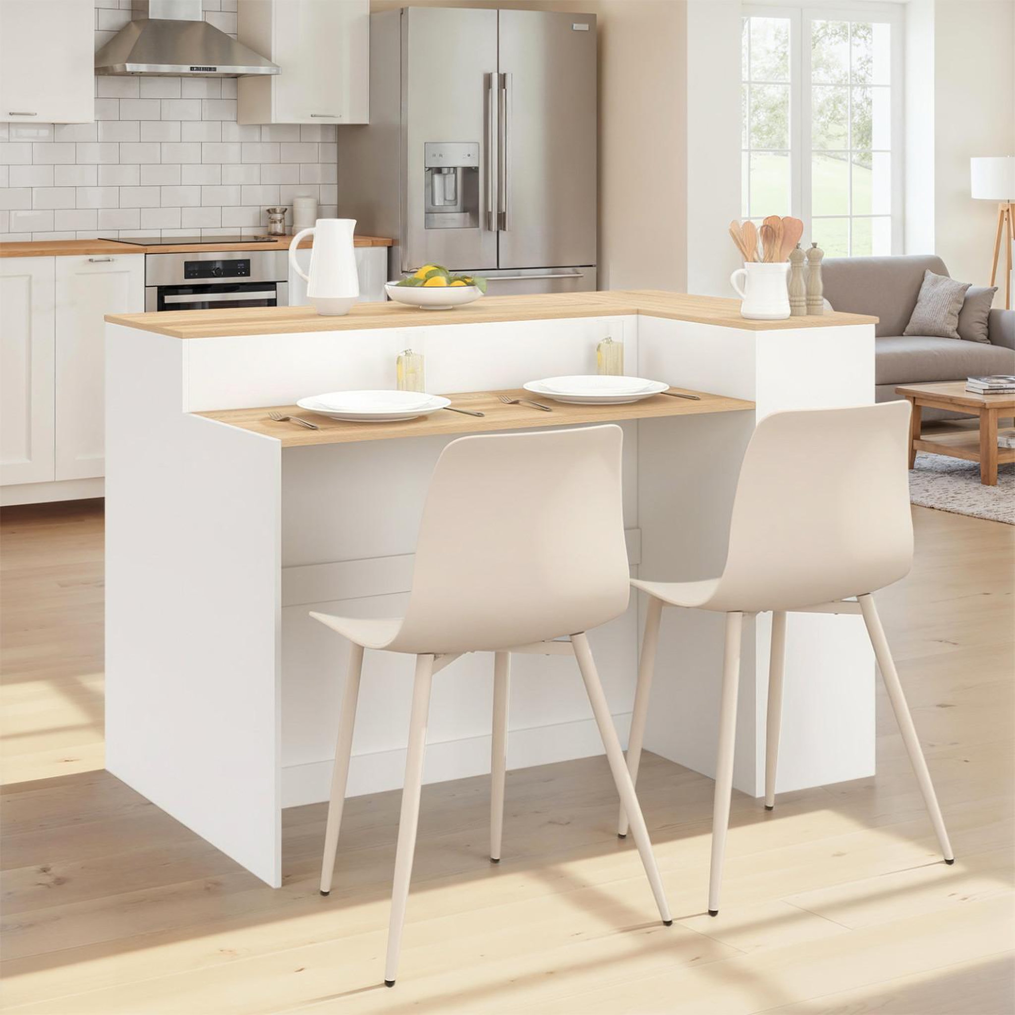Voir la diapositive 3 : ID MARKET Ilot central tomi 130 cm 2 personnes double plateau bois blanc avec plan de travail façon hêtre