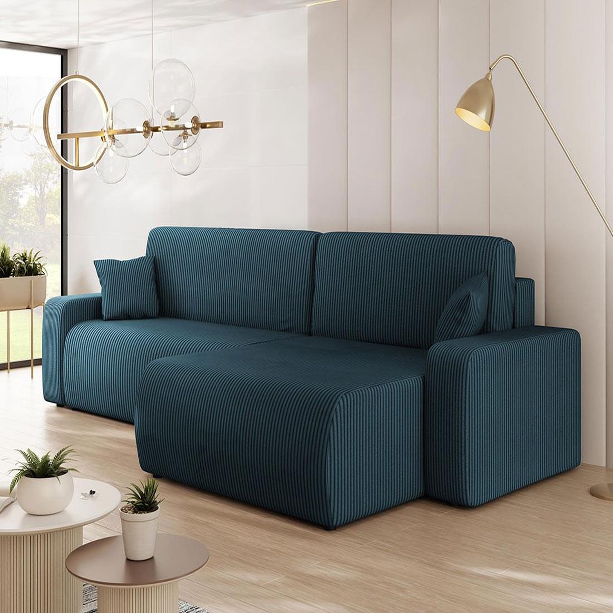 Voir la diapositive 2 : BEST MOBILIER Artemisa - canapé d'angle réversible 5 places convertible avec coffre en velours côtelé