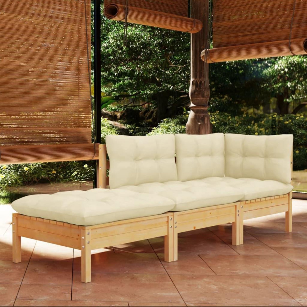 VIDAXL Salon de jardin 3 pcs avec coussins creme Bois de pin massif