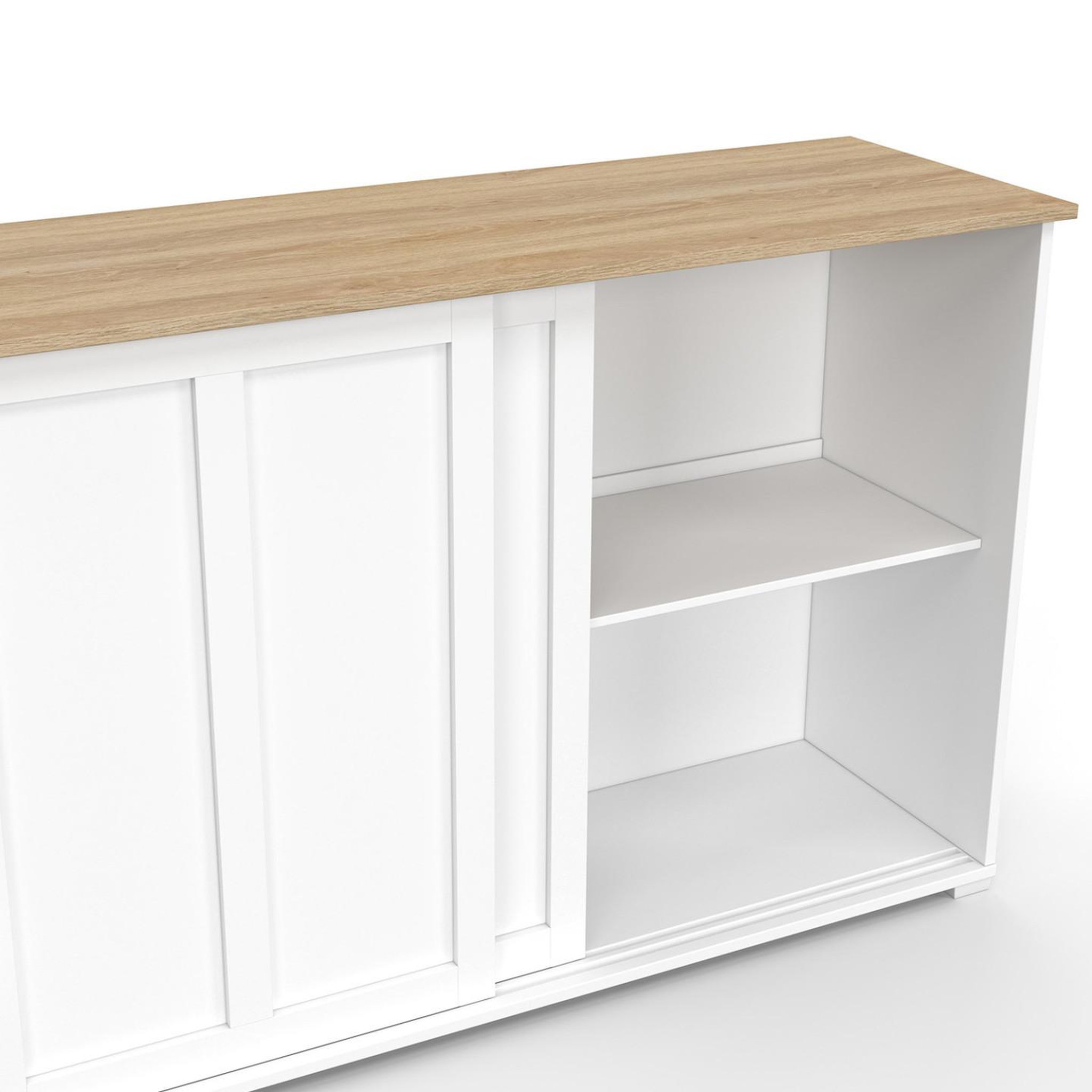 Voir la diapositive 6 : ID MARKET Buffet 160 cm JANGO 3 portes coulissantes blanc et plateau bois