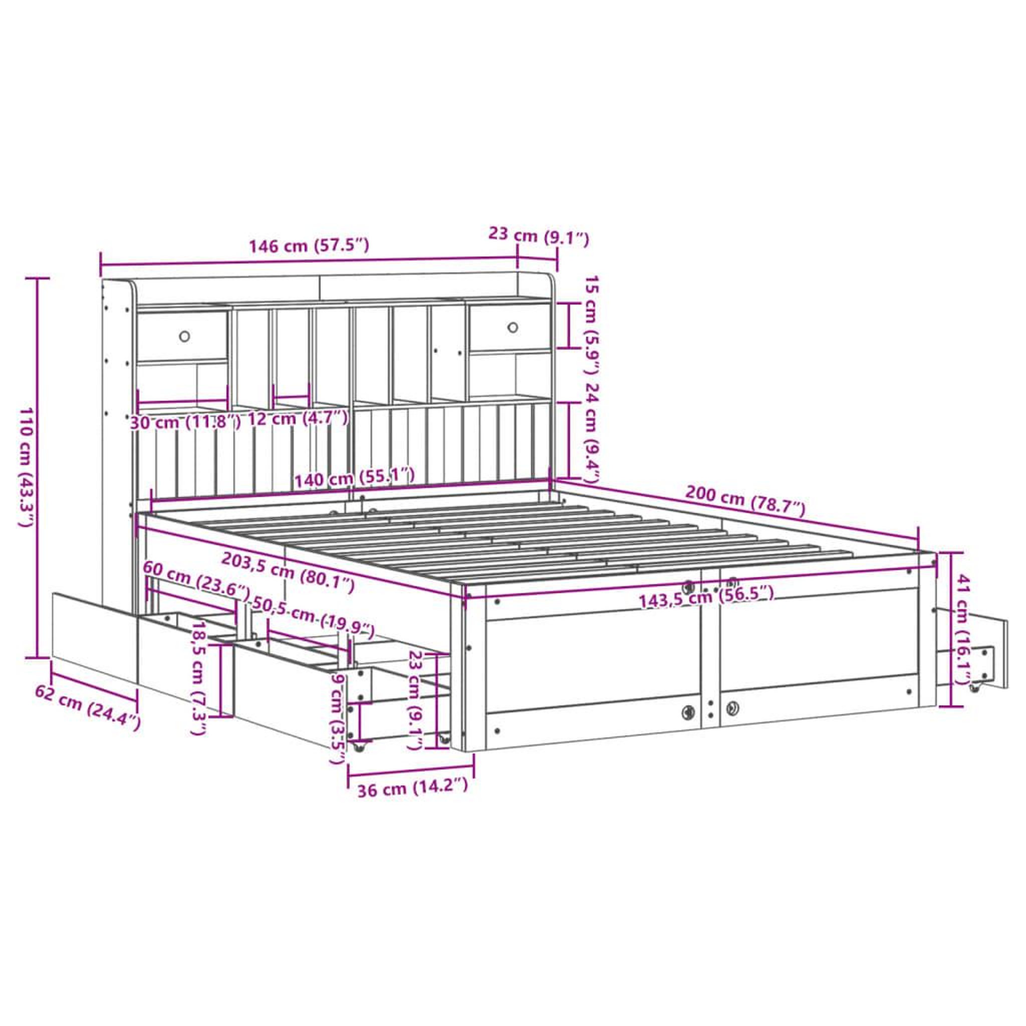 Voir la diapositive 6 : VIDAXL Lit bibliotheque sans matelas blanc 140x200 cm bois pin massif