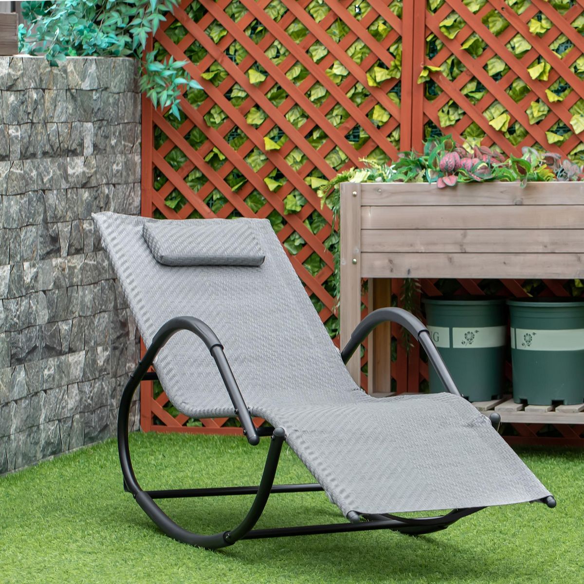 OUTSUNNY Chaise longue à bascule rocking chair design contemporain dim. 160L x 61l x 79H cm métal textilène gris