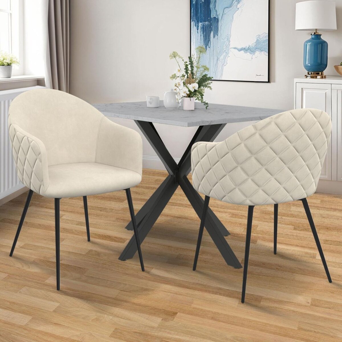 ID MARKET Lot de 2 chaises de salle à manger, fauteuils de table MOLY en velours gaufré beige
