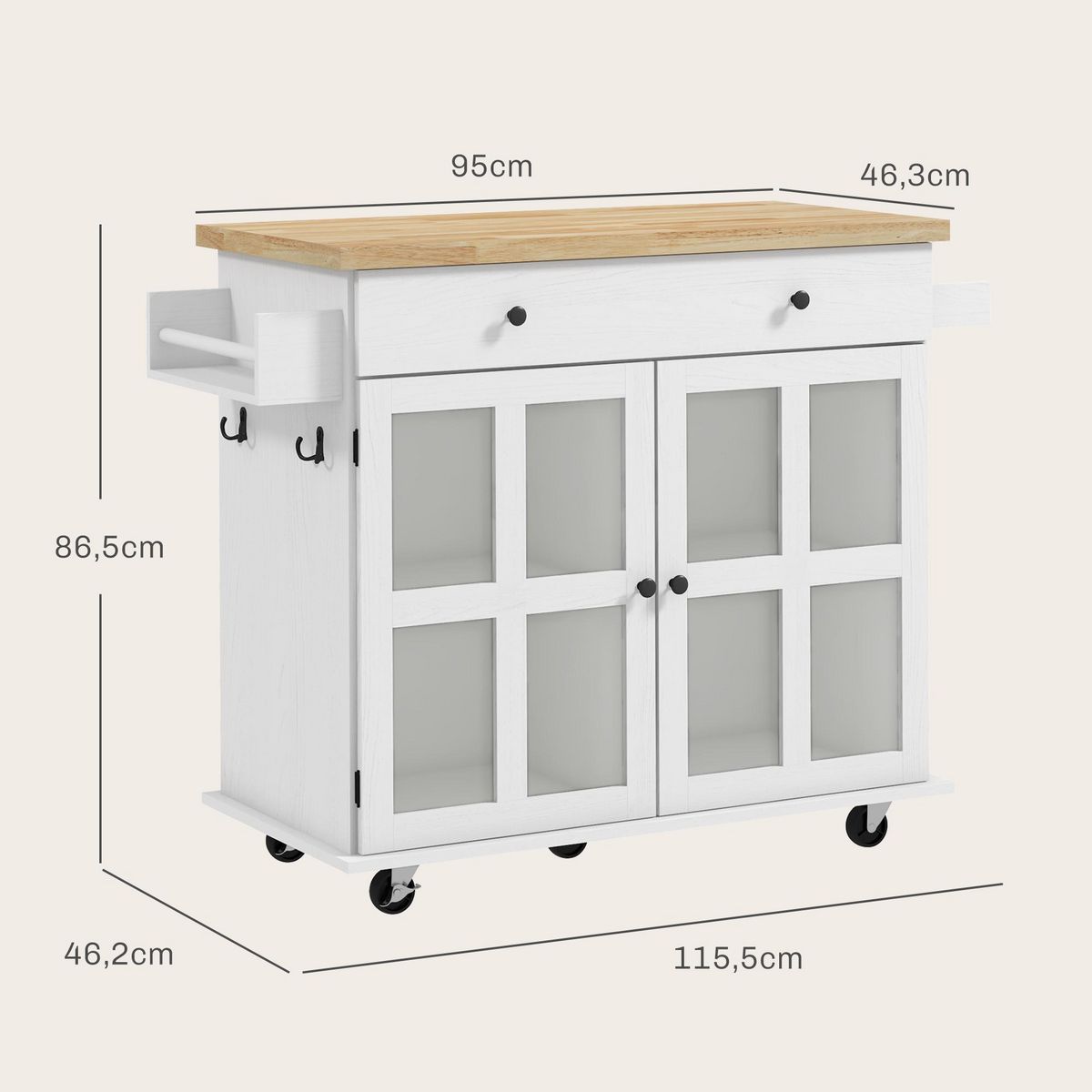 HOMCOM Desserte de cuisine multi-rangement - 2 portes, 2 étagères, tiroir, porte-épices, porte-torchon - blanc bois hévéa