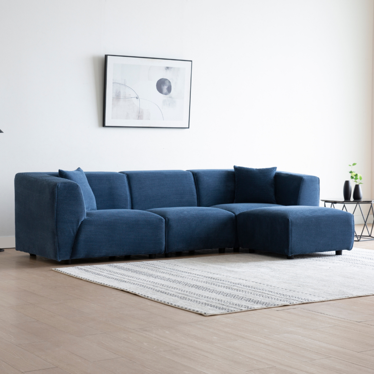 CONCEPT USINE Ccanapé droit 3 places + 1 pouf velours côtelé bleu MONROE