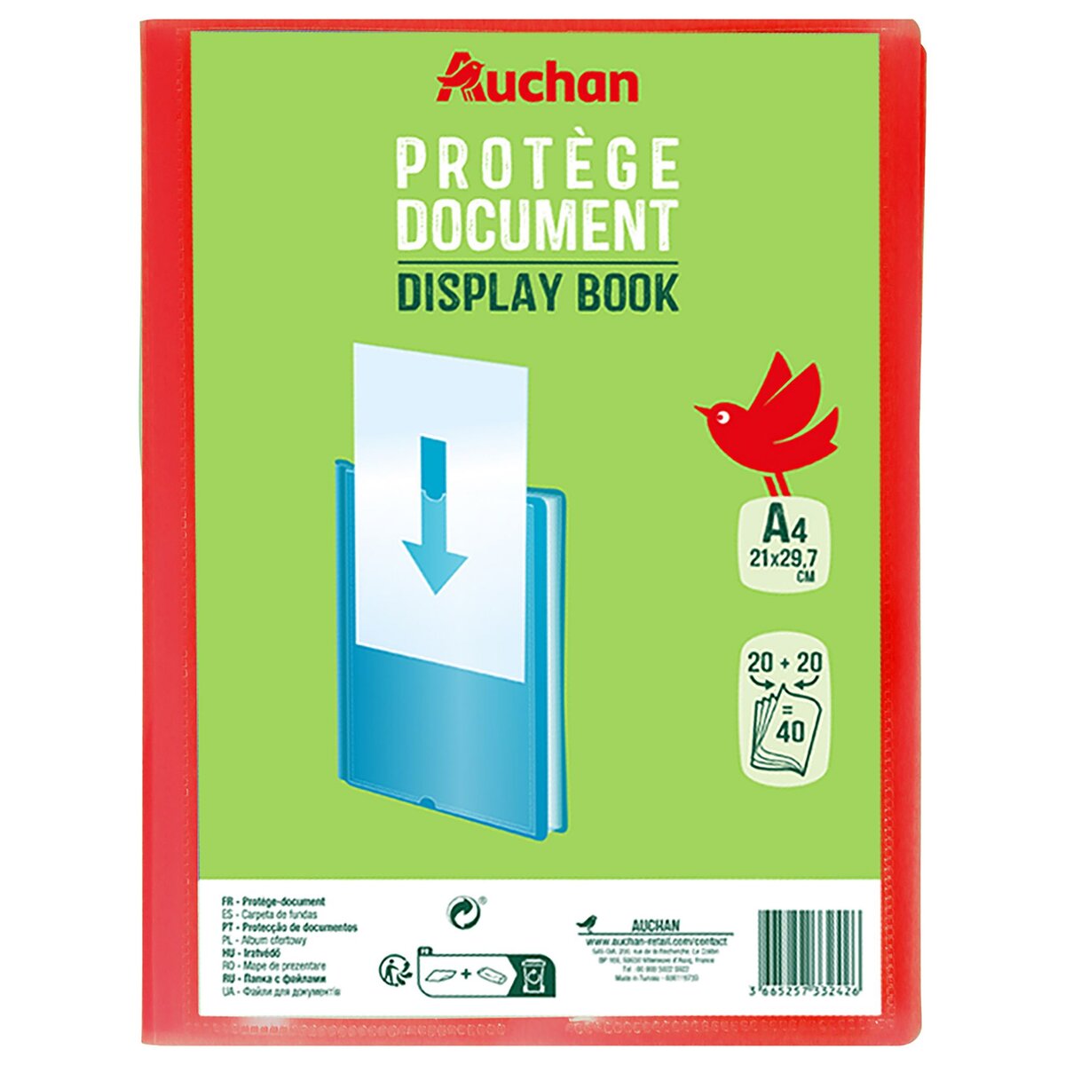 AUCHAN Protège document A4 souple 40 vues Polypro coloris aléatoire