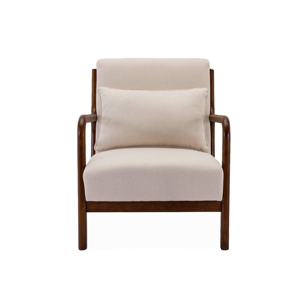 SWEEEK Fauteuil tissu beige . pieds bois d'hévéa teinté noyer. 1 place droit fixe. pieds compas scandinave. structure en bois solide