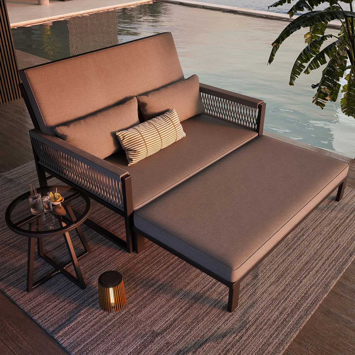 MERAX Bain de soleil 1 place en métal avec accoudoirs tressés, table basse en verre et coussins, gris