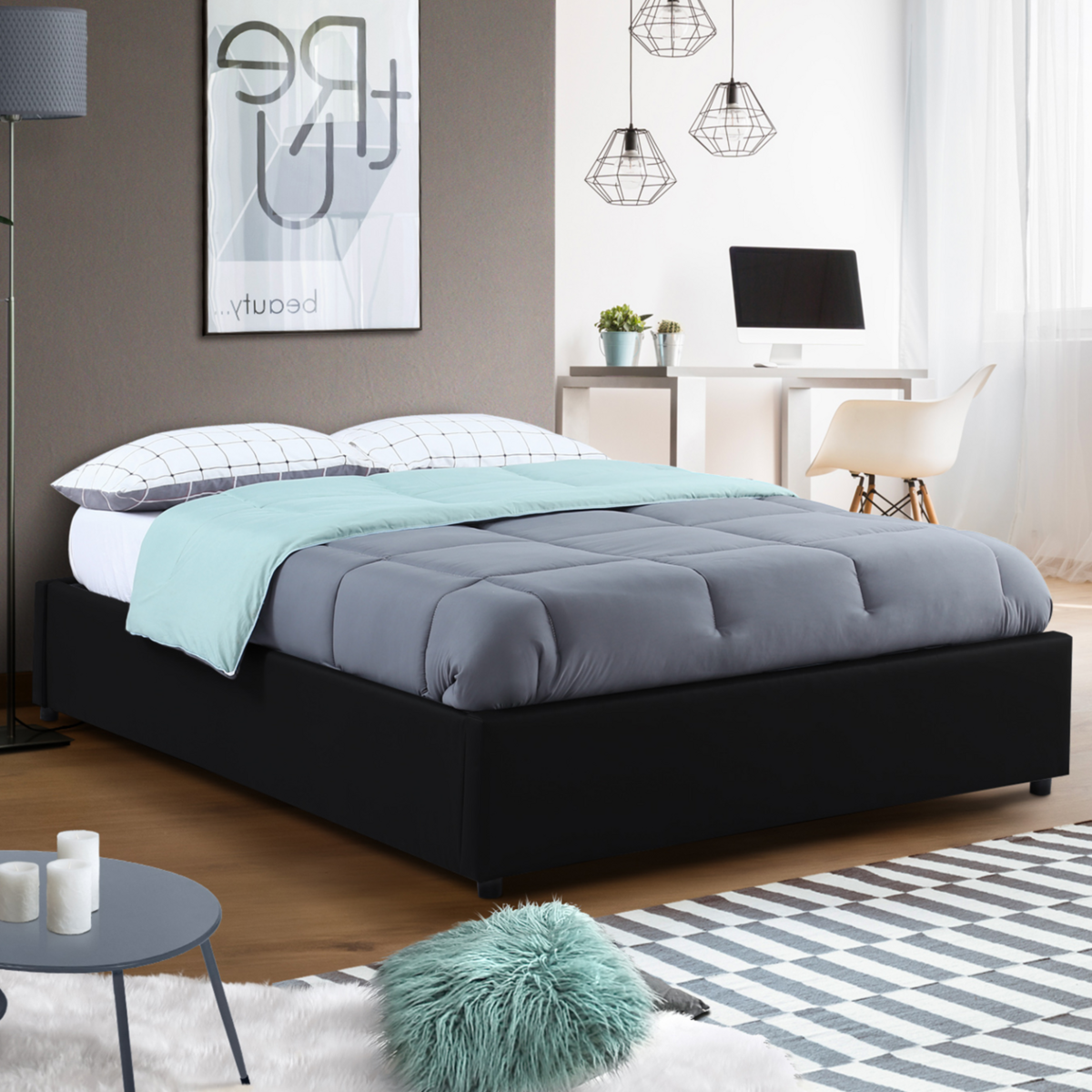 ID MARKET Lit coffre double MIAMI avec sommier 140 x 190 cm PVC noir