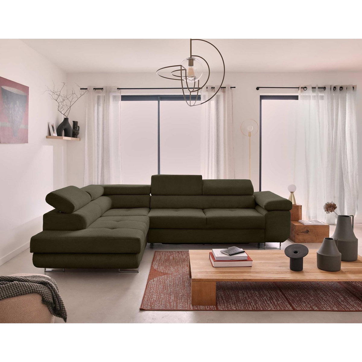 BEST MOBILIER Zaria - canapé d'angle gauche - convertible avec coffre et têtières réglables - 5 places - en velours côtelé