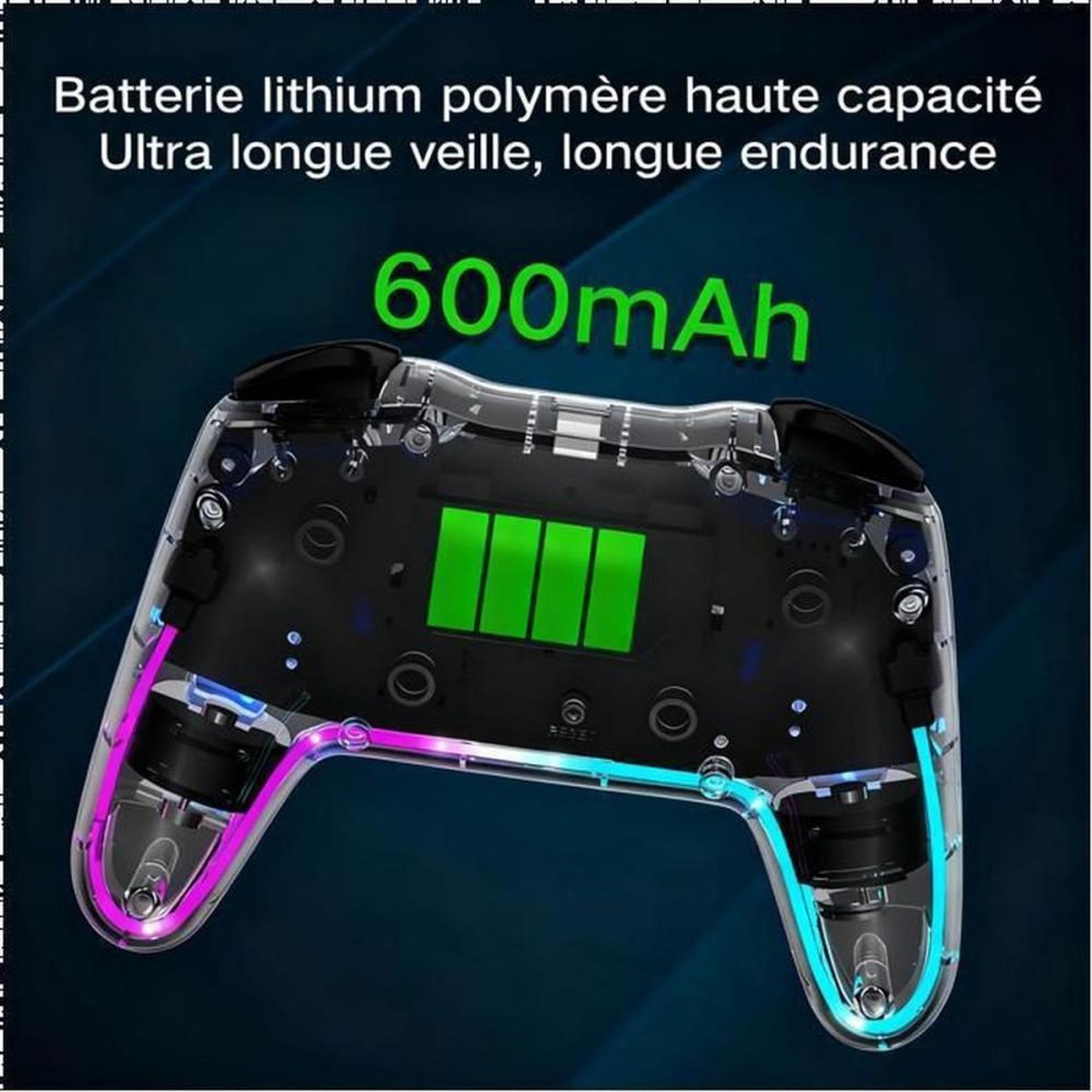 Voir la diapositive 3 : Manette de jeu sans fil transparente RGB 7 couleurs Turbo vibration Bluetooth pour Nintendo Switch 2, Android et PC
