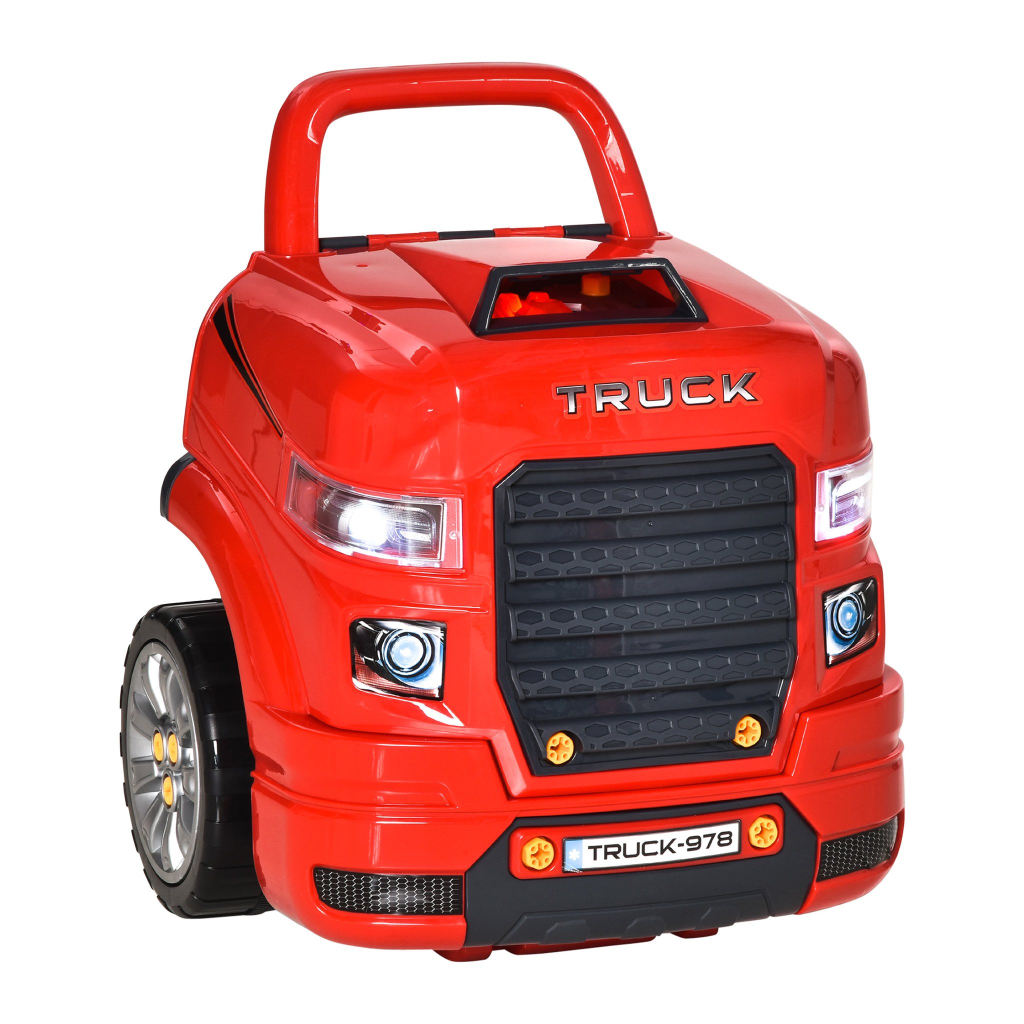 Voir la diapositive 1 : HOMCOM Camion mécano 2 en 1 - jouet bricolage enfant - jeu d'imitation mécanicien - nombreux accessoires total de 61 pièces - effets sonores et lumineux - PP ABS rouge