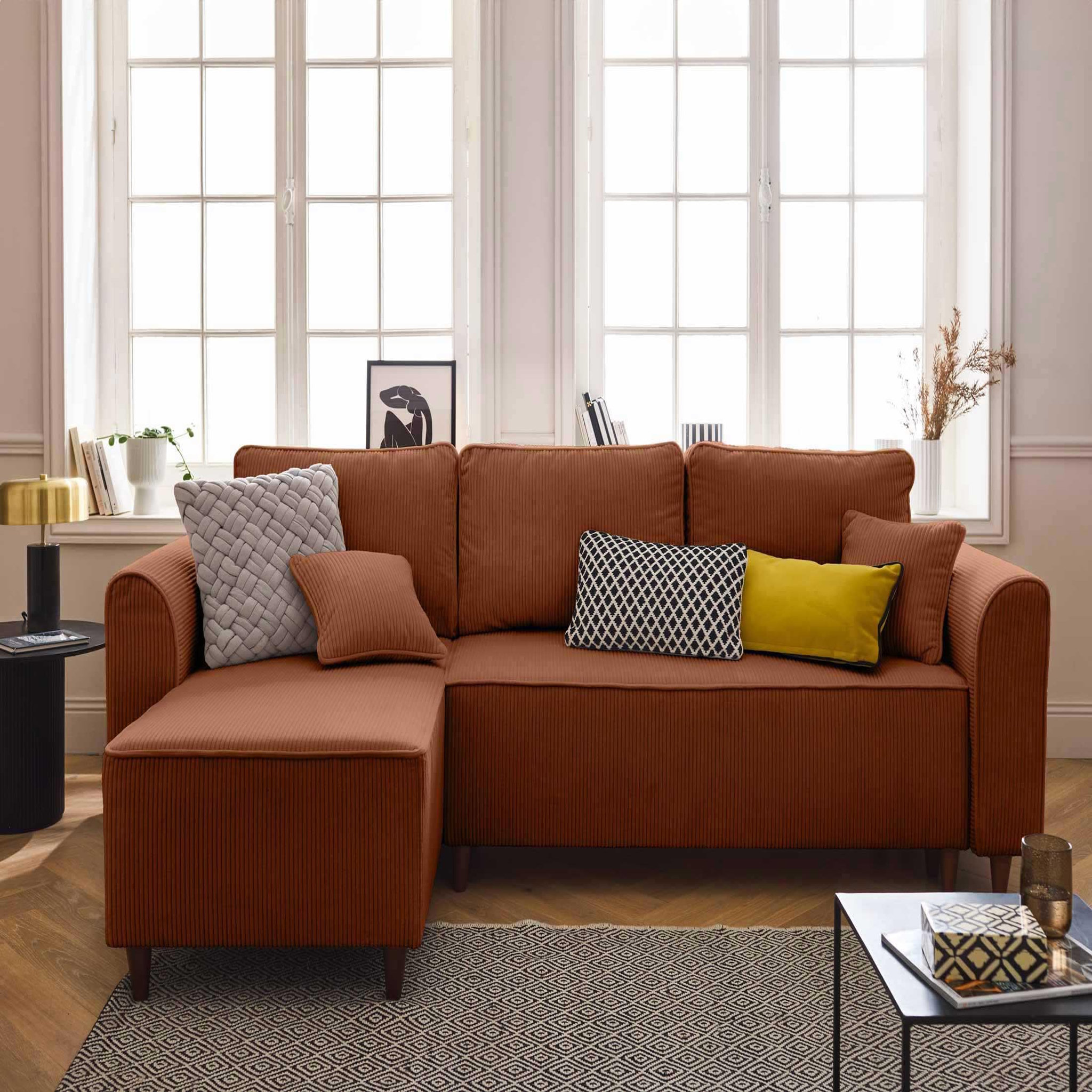Voir la diapositive 1 : BEST MOBILIER Saphir - canapé d'angle réversible 4 places - convertible avec coffre - en velours côtelé