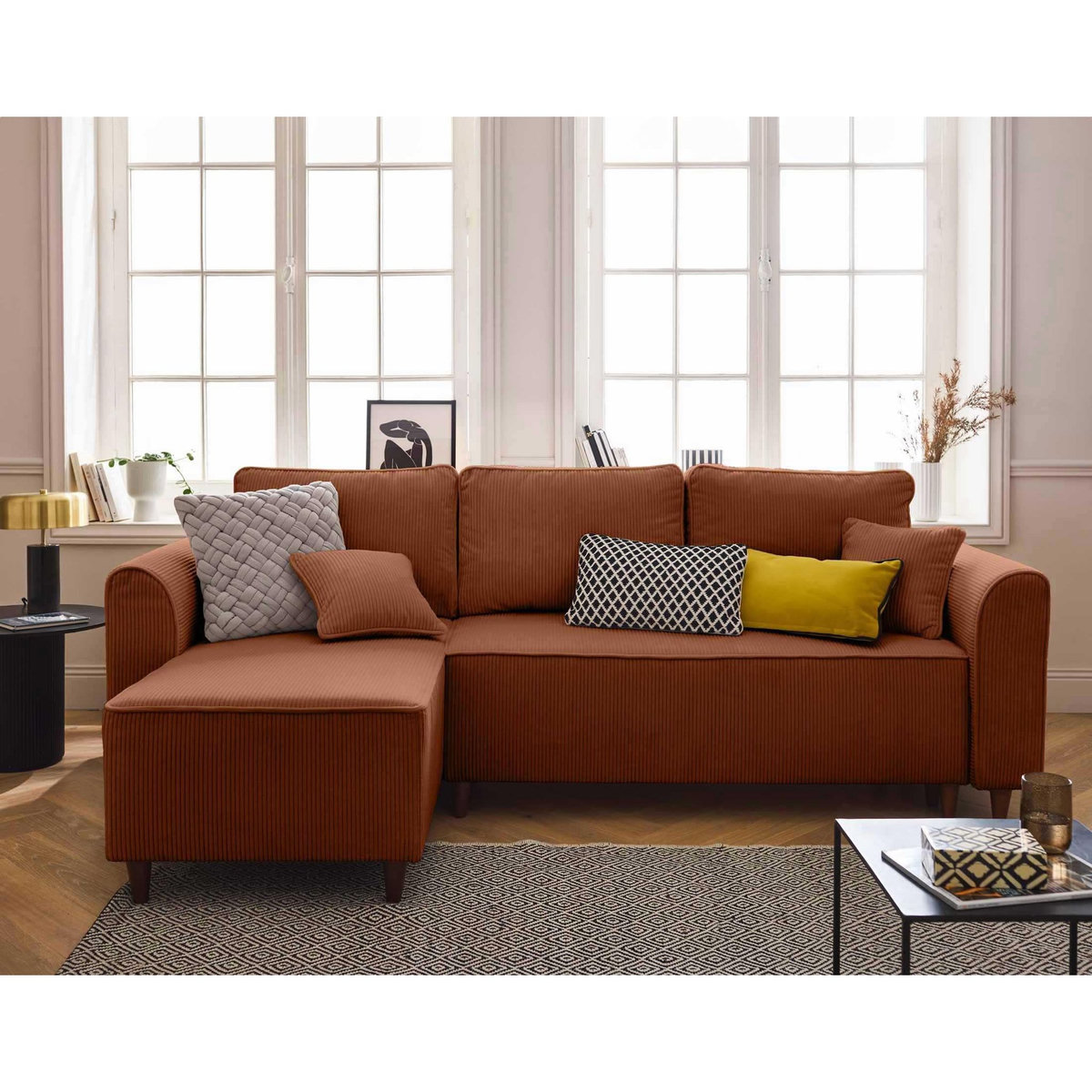 BEST MOBILIER Saphir - canapé d'angle réversible 4 places - convertible avec coffre - en velours côtelé