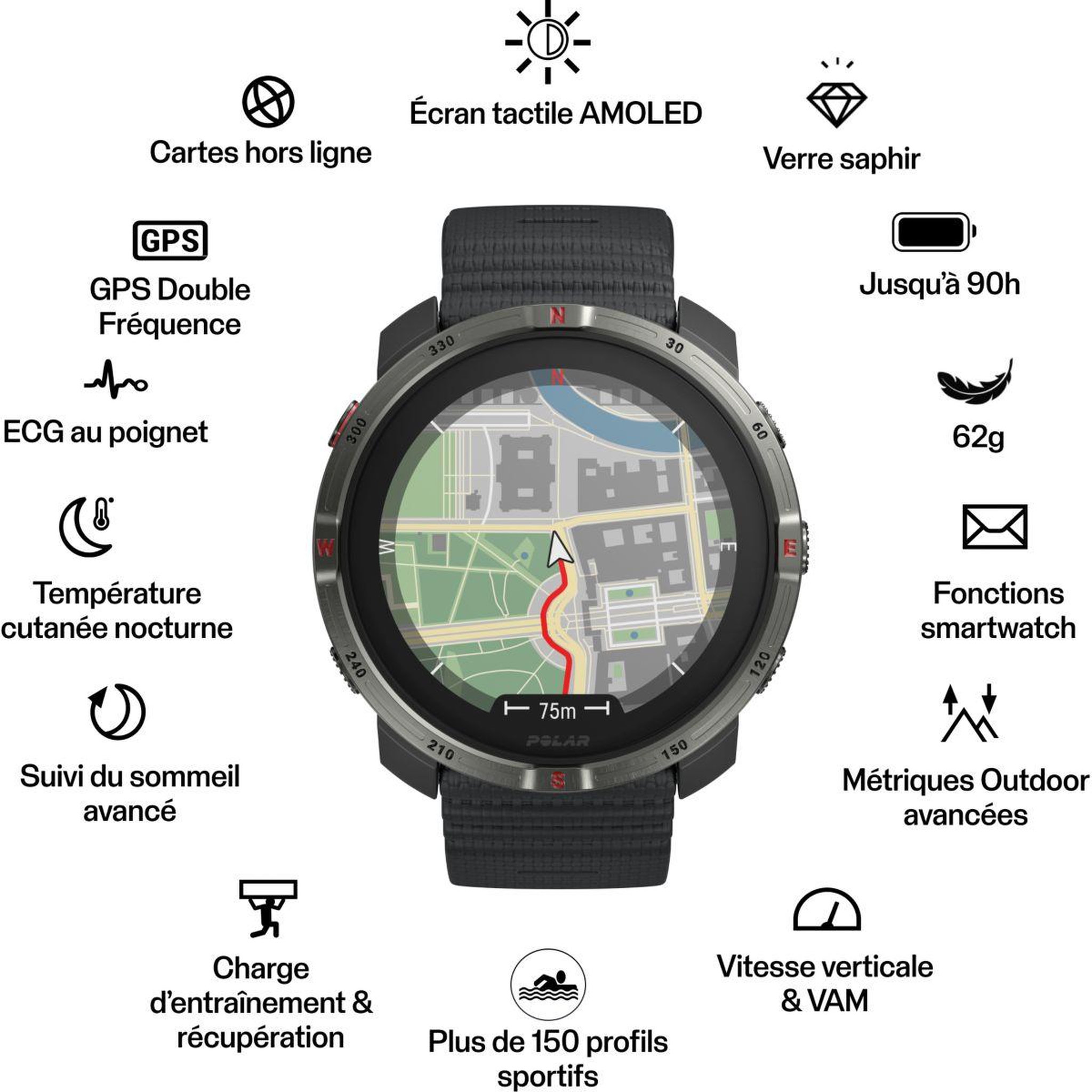 Voir la diapositive 2 : POLAR Montre sport Grit X2 Noir S-L