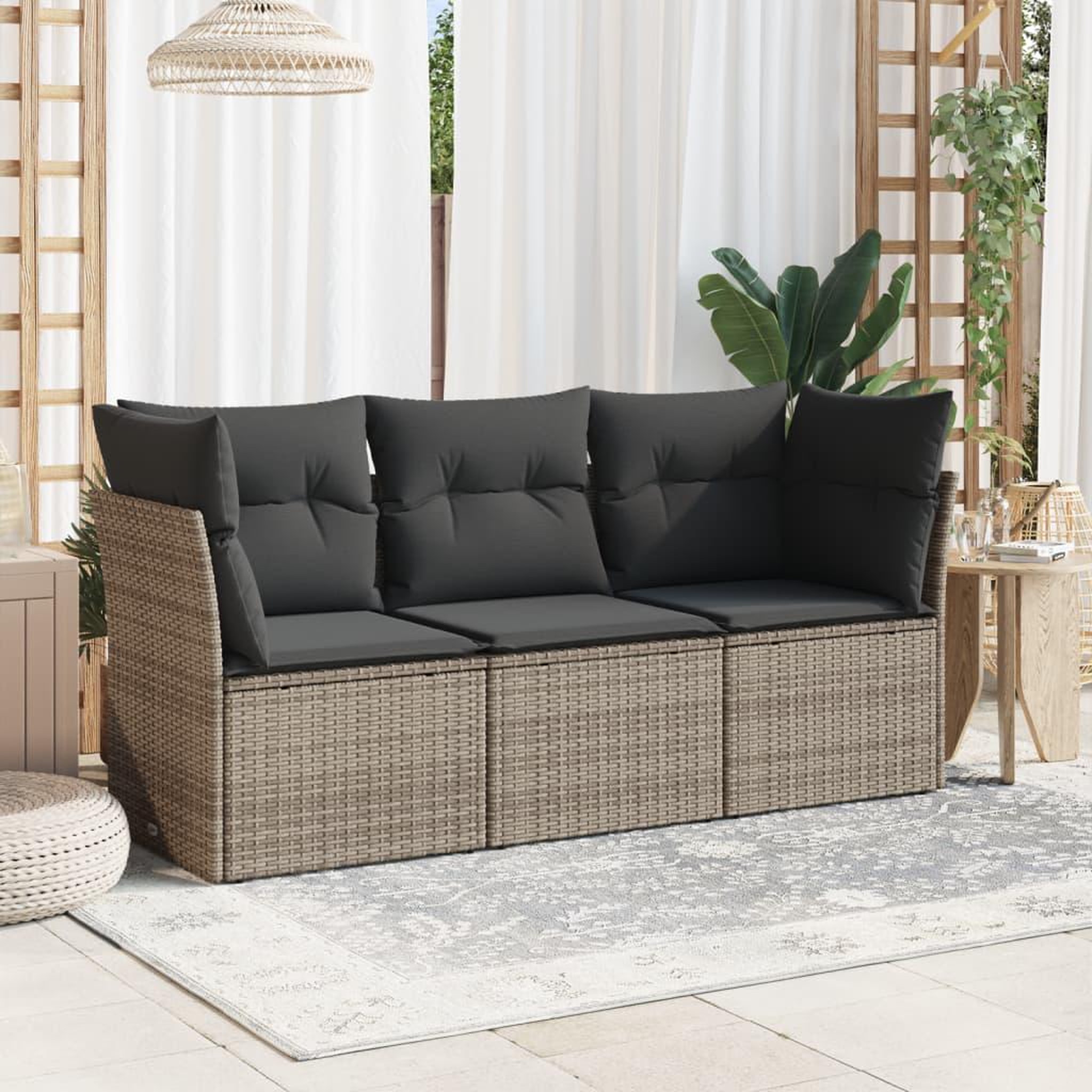 VIDAXL Salon de jardin avec coussins 3 pcs gris resine tressee