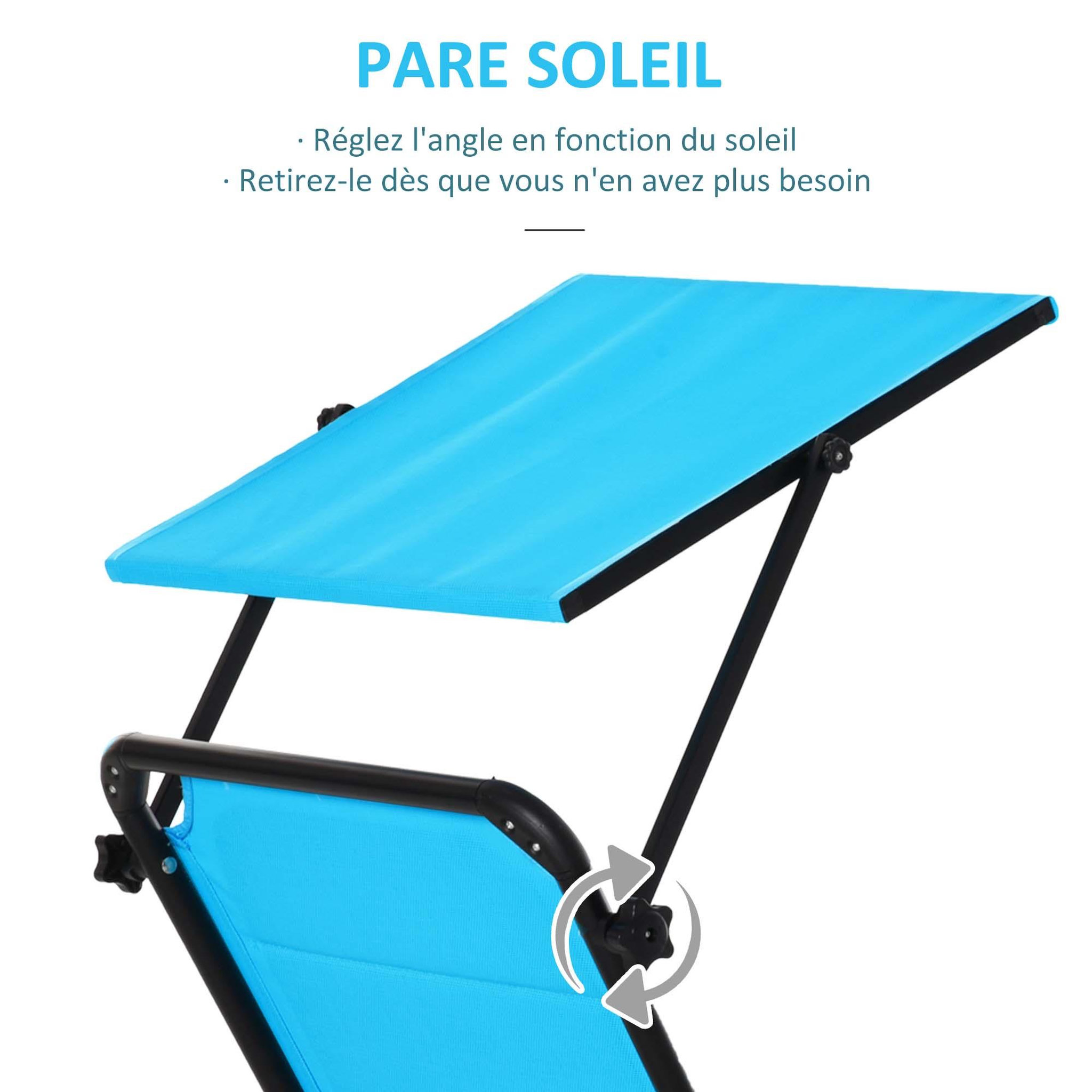 Voir la diapositive 5 : OUTSUNNY Bain de soleil transat pliable grand confort dossier pare-soleil réglables multi-positions alu. textilène bleu