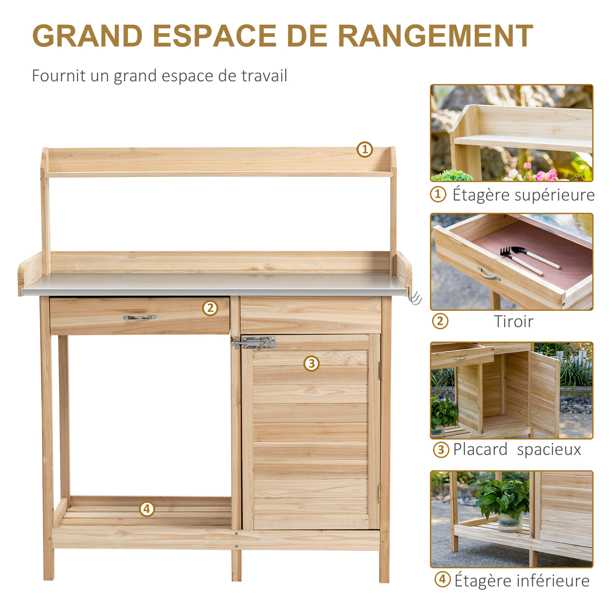 Voir la diapositive 4 : OUTSUNNY Table de rempotage jardinage - 2 étagères, tiroir, placard, plateau tôle acier galvanisé avec rebord, 3 crochets - bois sapin pré-huilé
