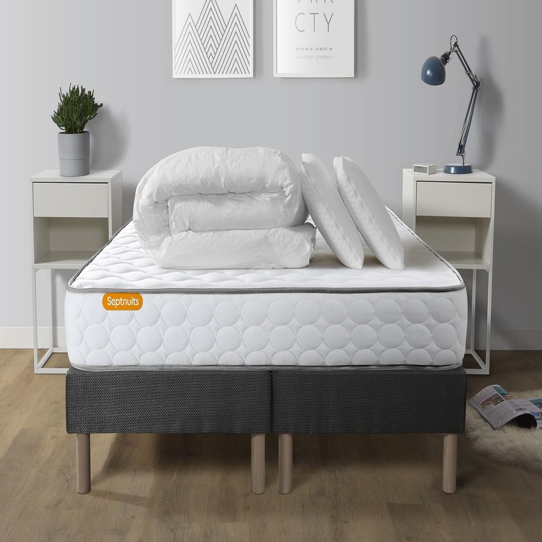 SEPTNUITS Pack matelas Memo + double sommiers gris + 2 oreillers mémoire de forme. Coloris disponibles : Gris