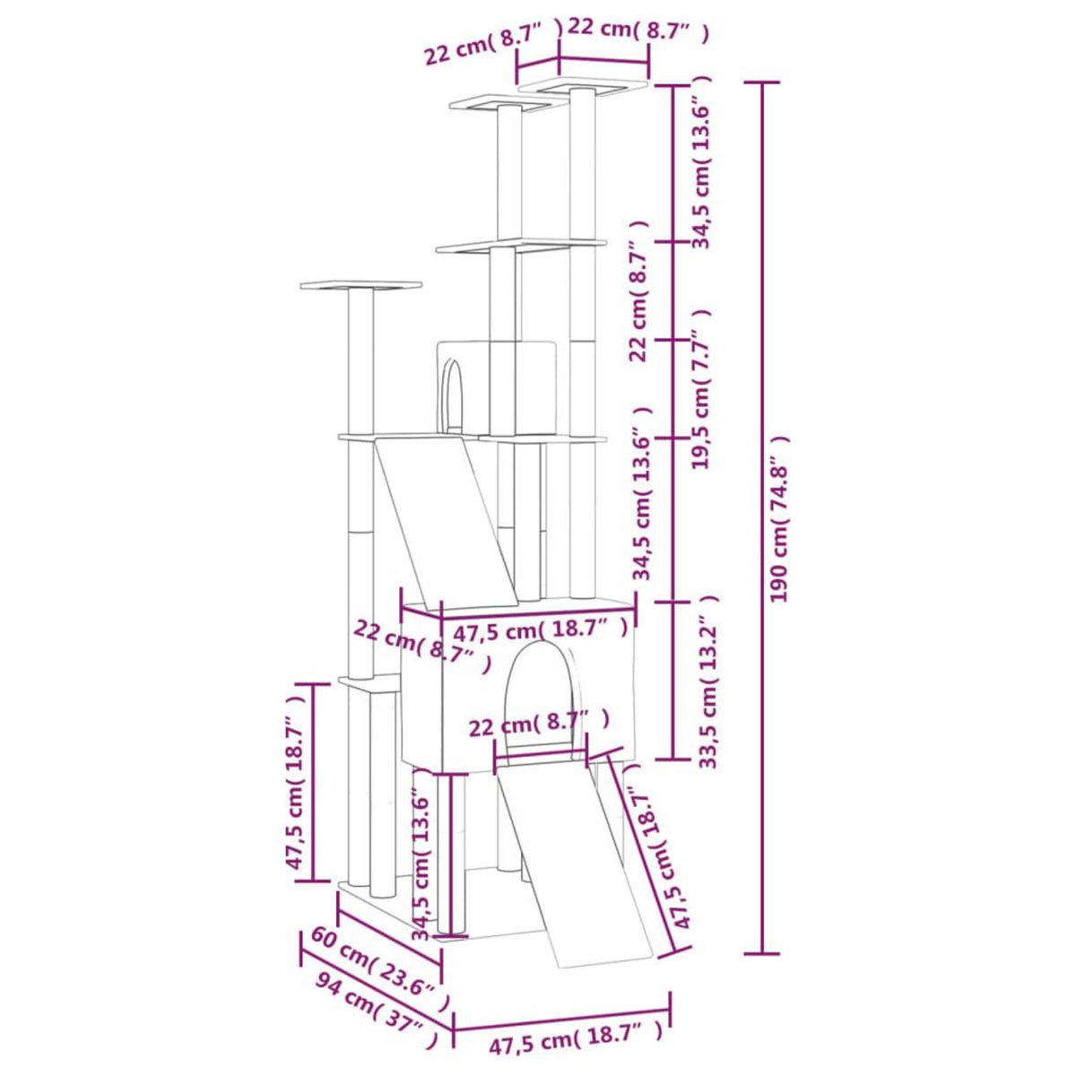 VIDAXL Arbre a chat avec griffoirs en sisal Gris fonce 190 cm