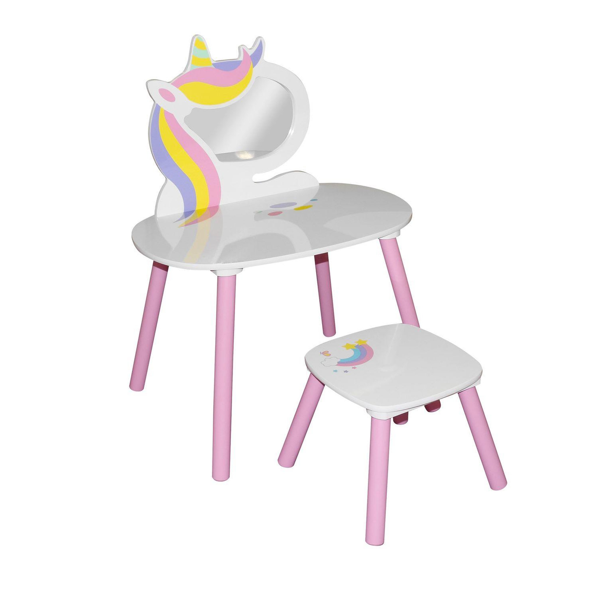 TOILINUX Coiffeuse enfant avec miroir et tabouret Sweet Licorne en MDF