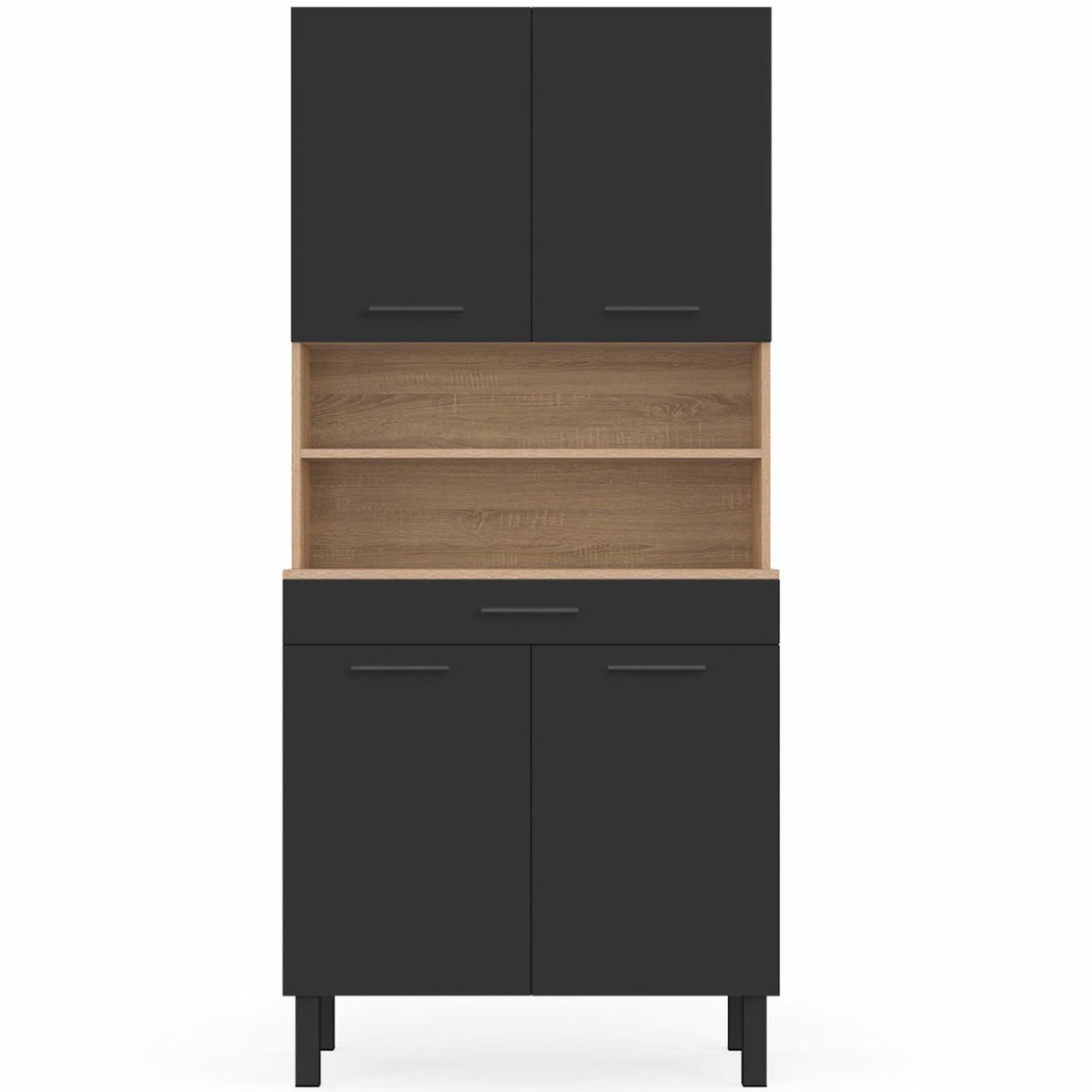 ID MARKET Buffet de cuisine 80 CM CINA 4 portes + tiroir façon hêtre et noir
