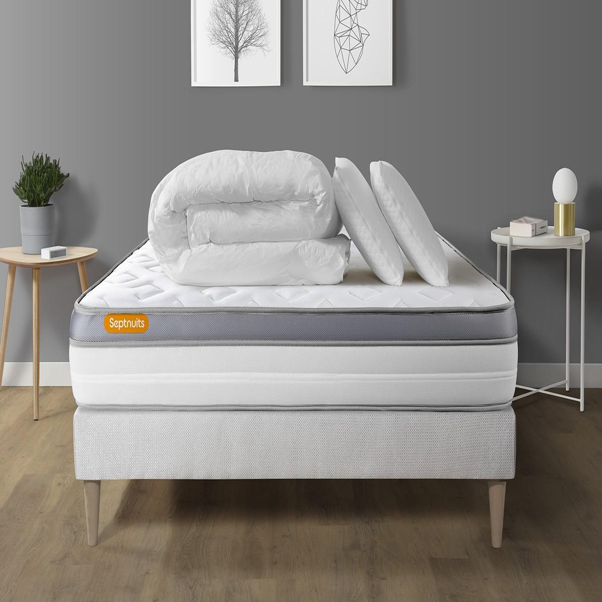 SEPTNUITS Pack matelas + sommier kit blanc Memo Zen Mousse à mémoire de forme MAXI épaisseur + Couette + 2 oreillers. Coloris disponibles : Blanc