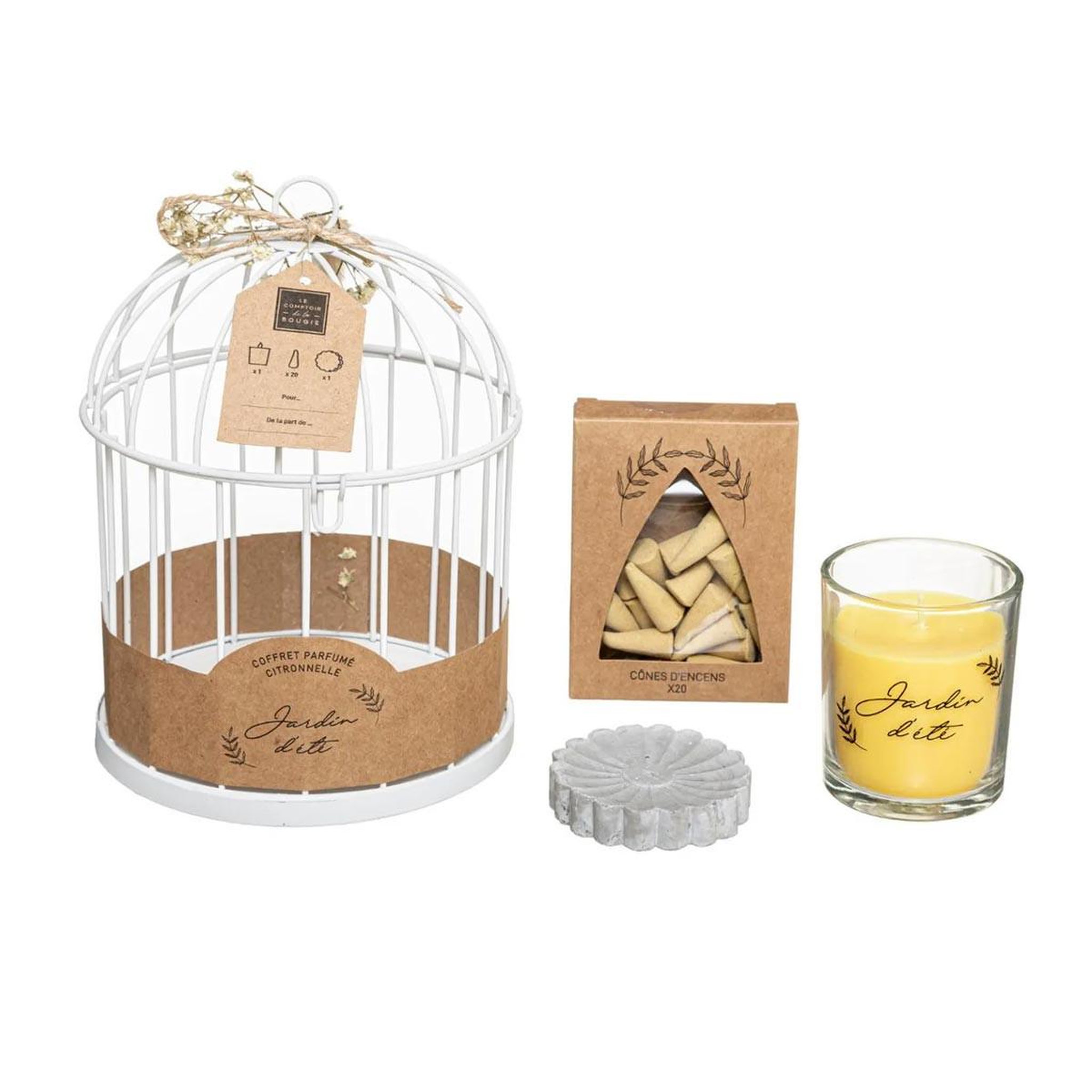 Voir la diapositive 2 : COMPTOIR DE LA BOUGIE Coffret de fragrances  cage  20cm citronnelle