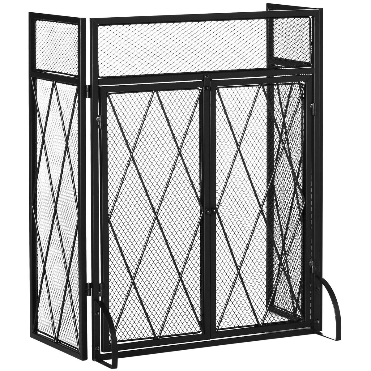 HOMCOM Pare-feu large pour cheminée ou poêle - pare-étincelles - 3 volets pliables et portes - métal noir