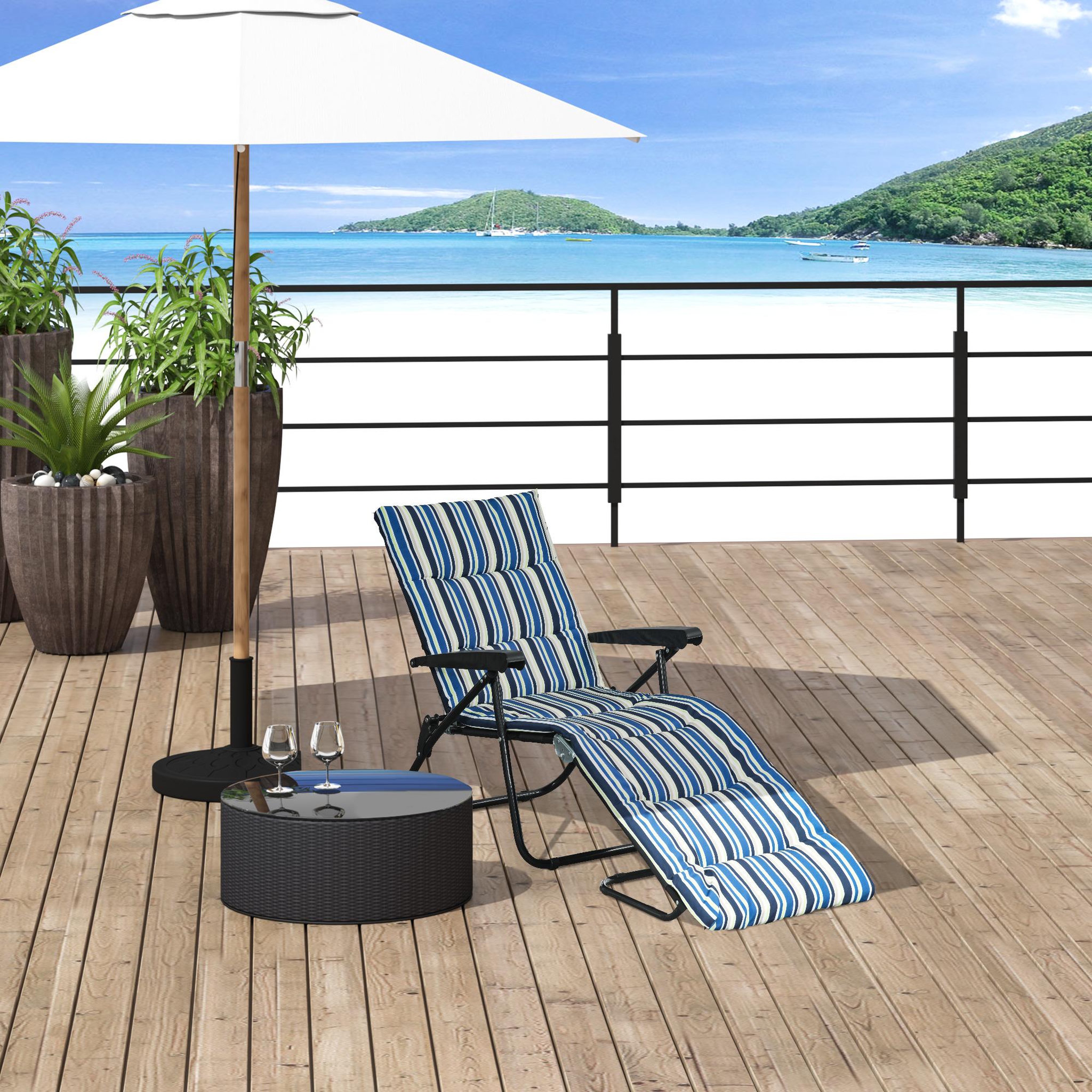 Voir la diapositive 2 : OUTSUNNY Bain de soleil pliable transat inclinable 6 positions grand confort avec matelas + accoudoirs acier polyester multicolore
