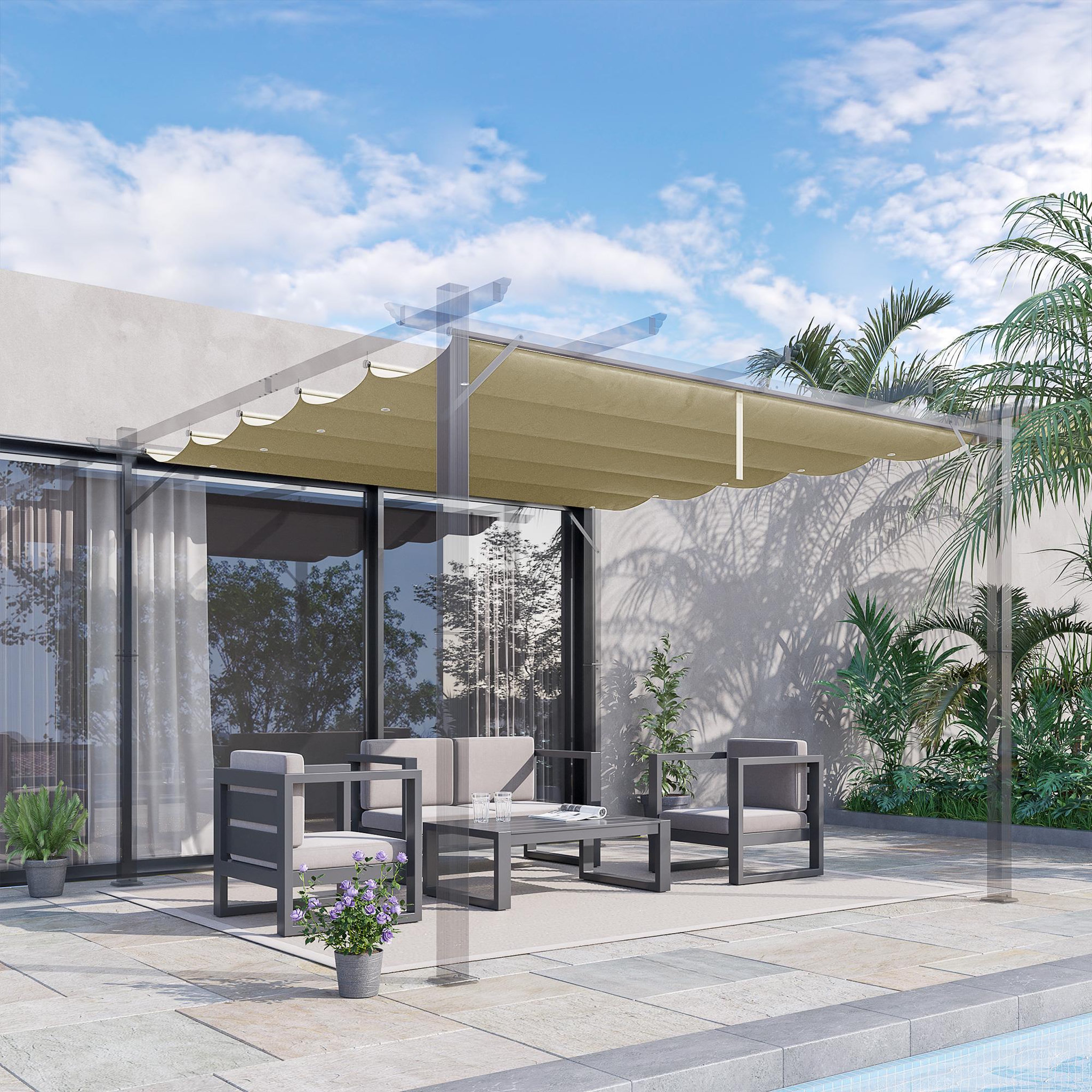 Voir la diapositive 2 : OUTSUNNY Toile de rechange pour pergola rétractable 4 x 3 m polyester haute densité 180 g/m² imperméabilisé beige