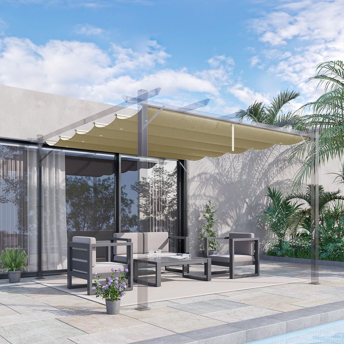 OUTSUNNY Toile de rechange pour pergola rétractable 4 x 3 m polyester haute densité 180 g/m² imperméabilisé beige