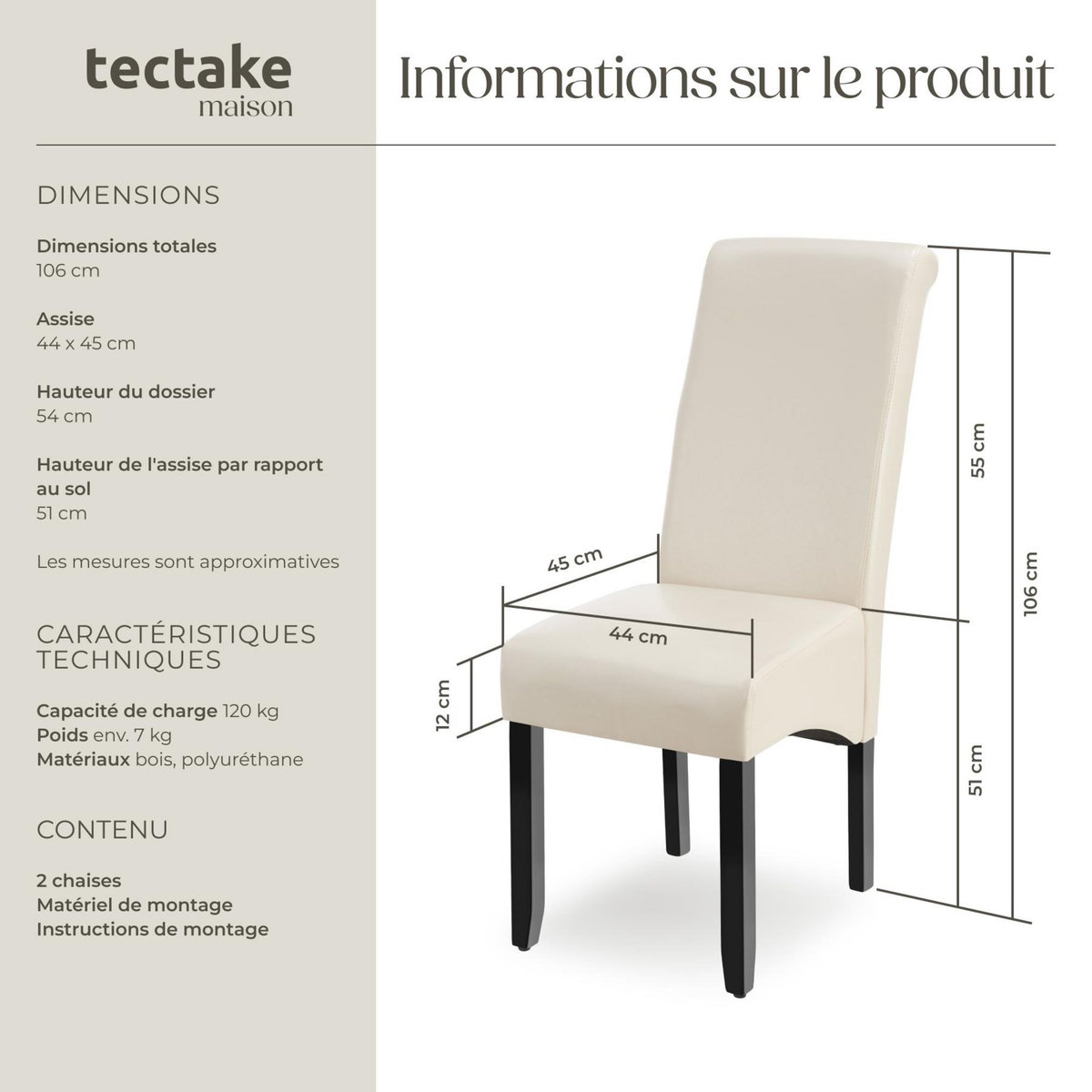 tectake Chaise de salle à manger avec revêtement en cuir synthétique crème Lot de 2