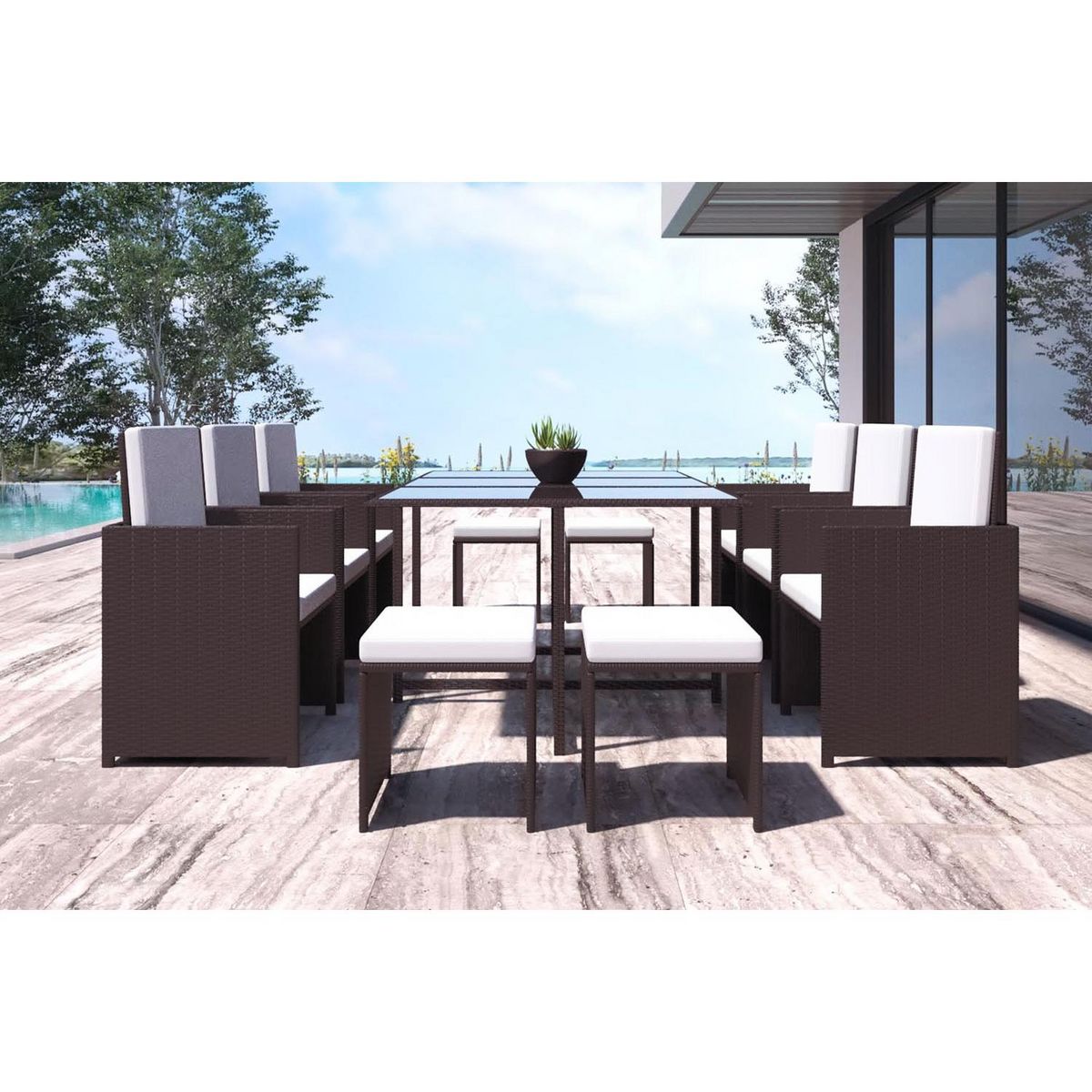 CONCEPT USINE Salon de jardin encastrable Marron-Blanc 10 places FLORIDA