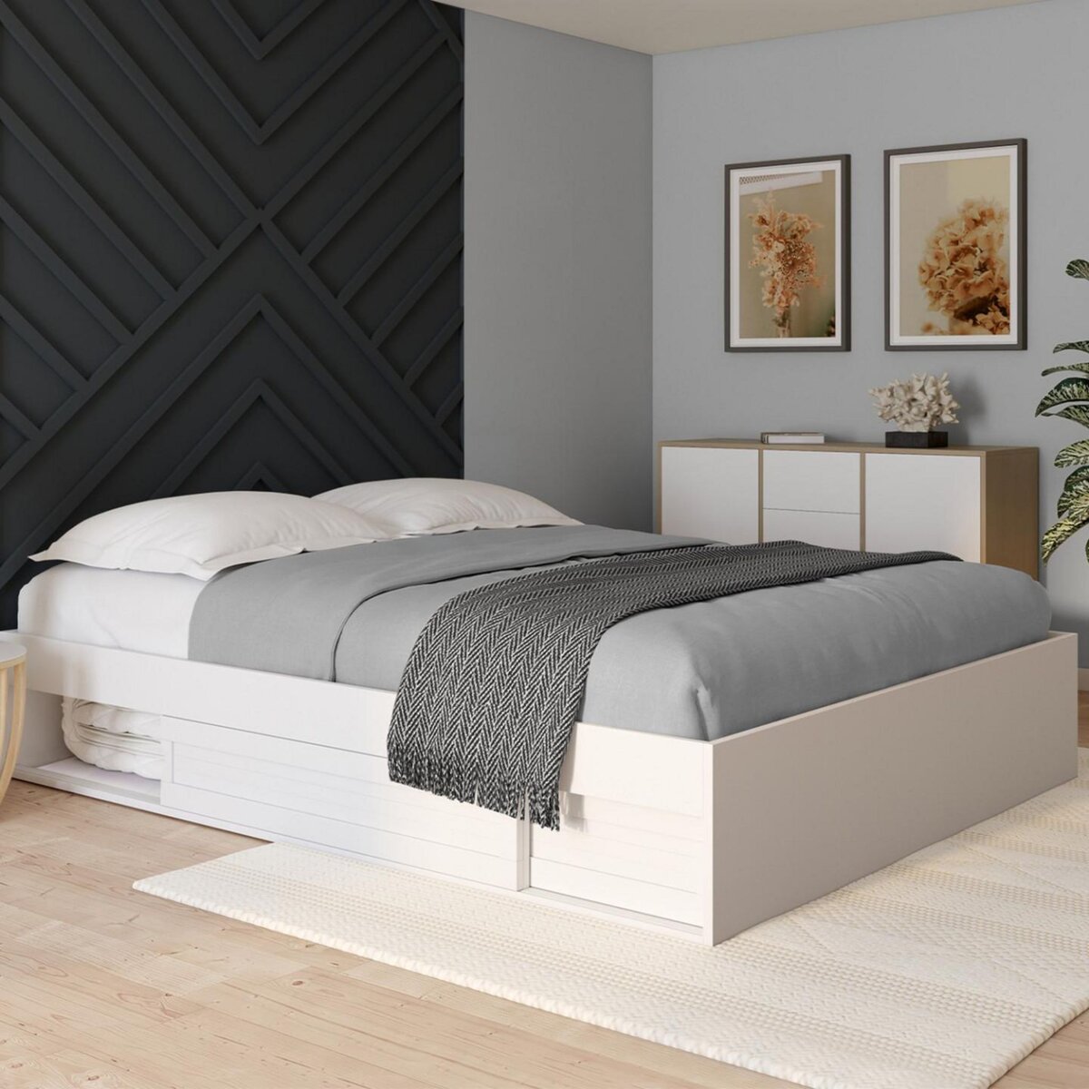 ID MARKET Cadre de lit double SALEM avec rangements et sommier 160 x 200 cm blanc