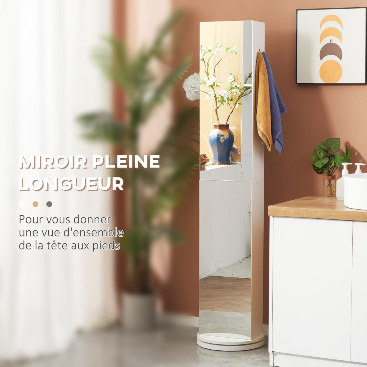 KLEANKIN Meuble colonne de salle de bain pivotant avec miroir - 6 étagères - 36L x 36l x 171H cm - blanc